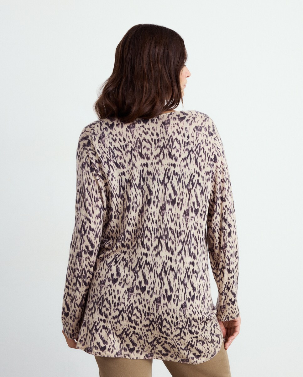 Camisola de Malha Estampada com Decote em Bico Castanho-3