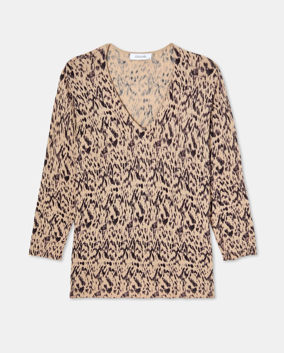 Camisola de Malha Estampada com Decote em Bico Castanho-4