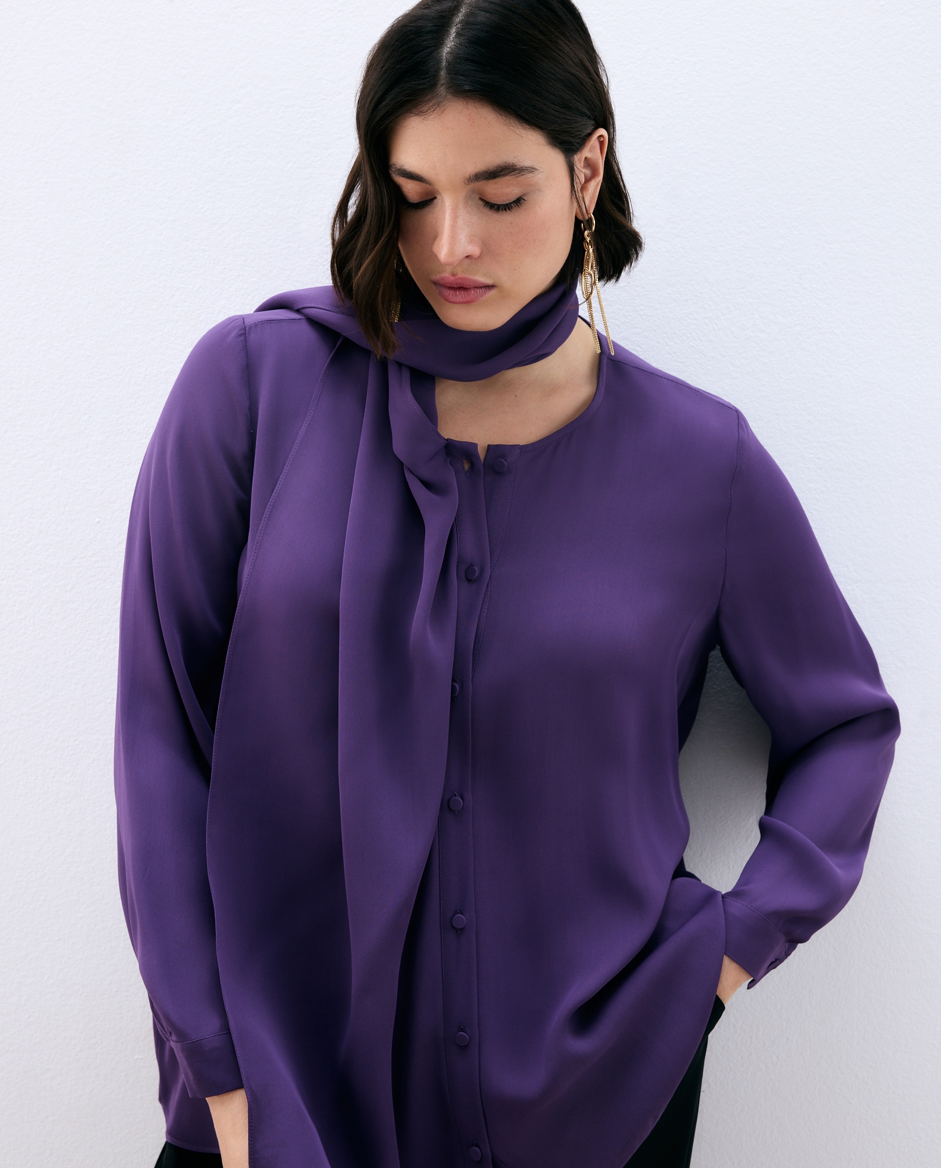 Camisa de Manga Comprida com Folho à Frente Roxo-4