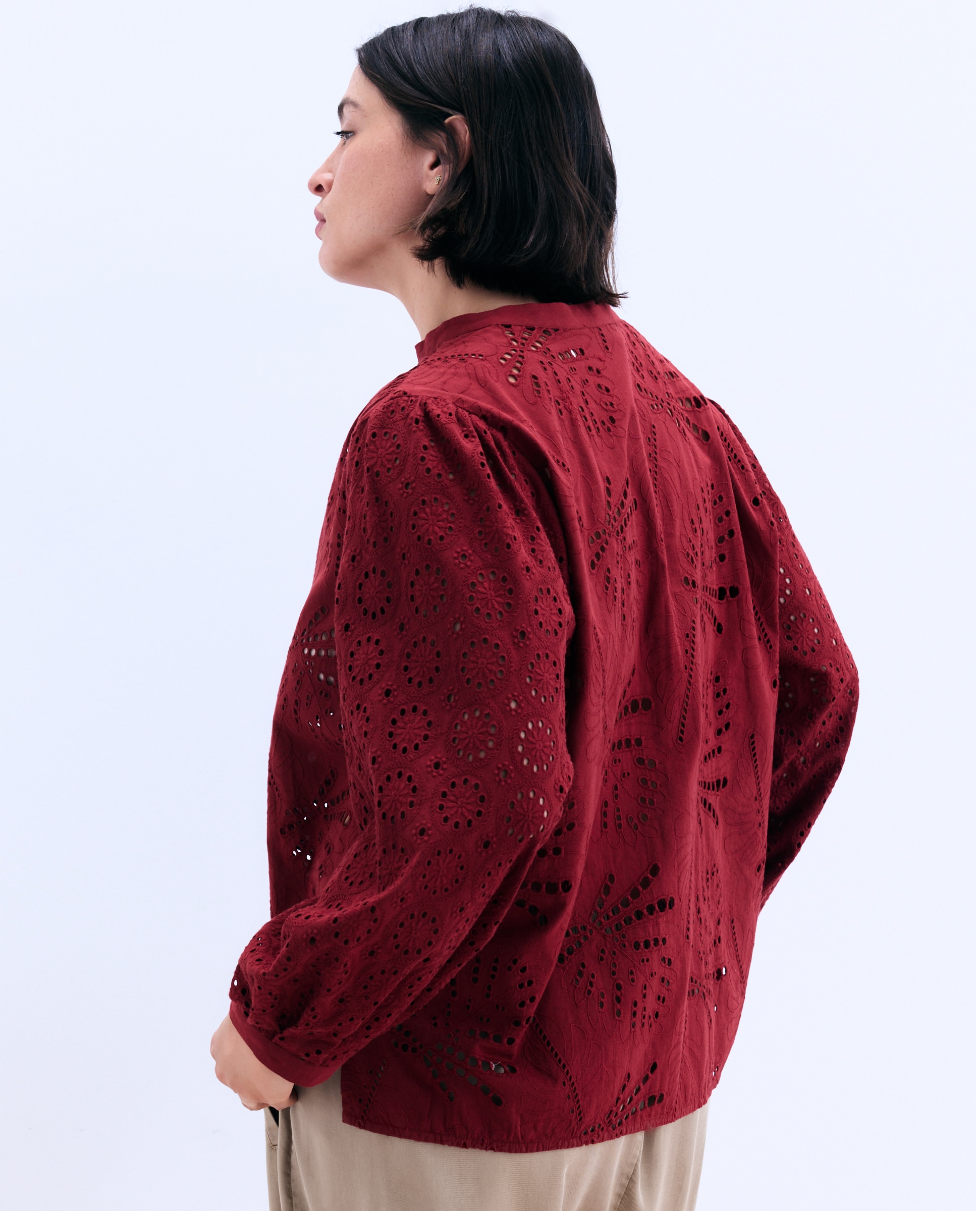 Blusa de Manga Comprida com Bordados Combinados Bordeaux-3