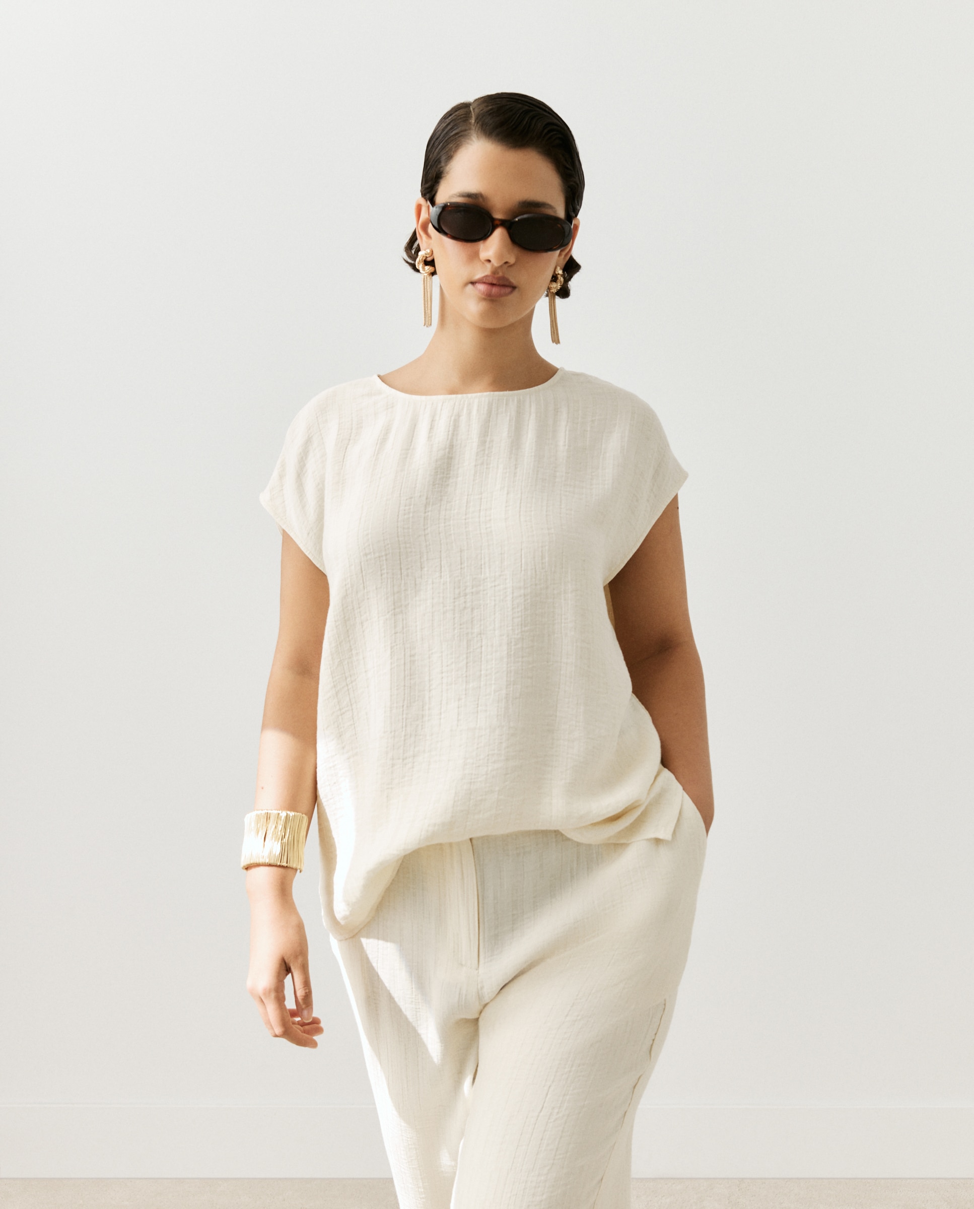 Top manga corta de mujer jacquard - Couchel - 120 Crudo 120 Crudo-1