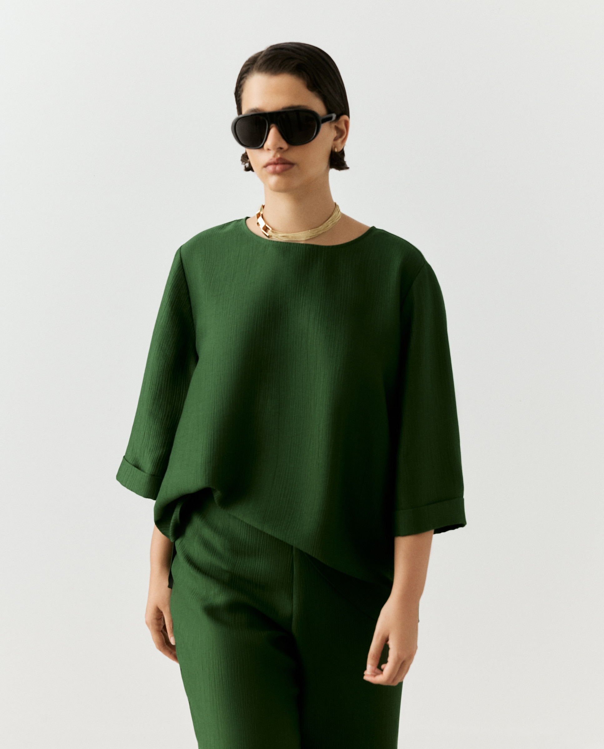 Blusa de mujer de manga corta y jacquard - Couchel - Verde Verde-1