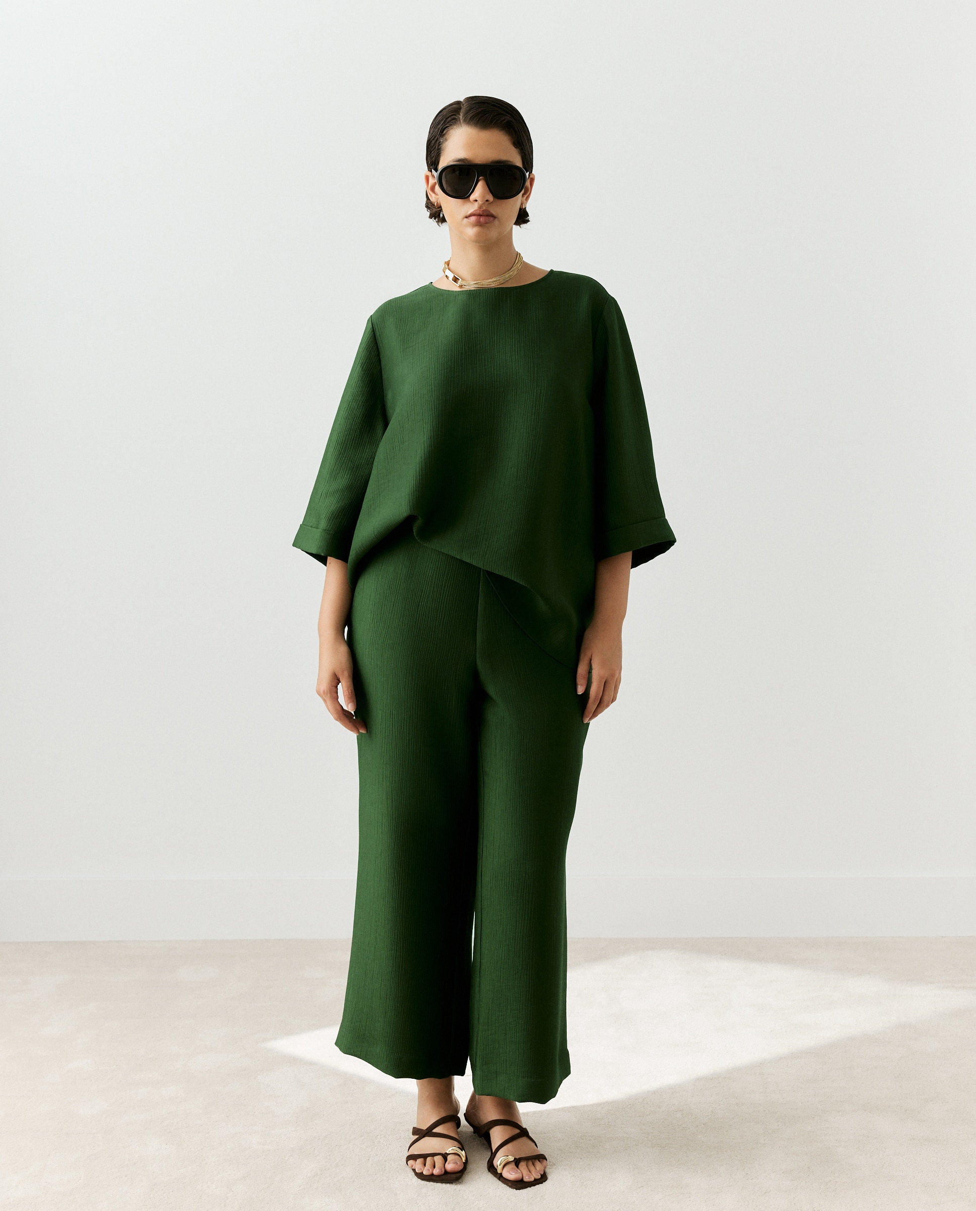 Blusa de mujer de manga corta y jacquard - Couchel - Verde Verde-2