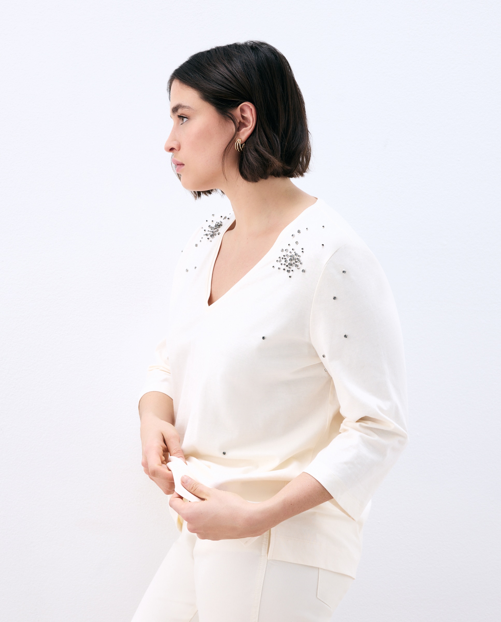 Camisola com Manga Comprida e Decote em Bico 120 Cru-2