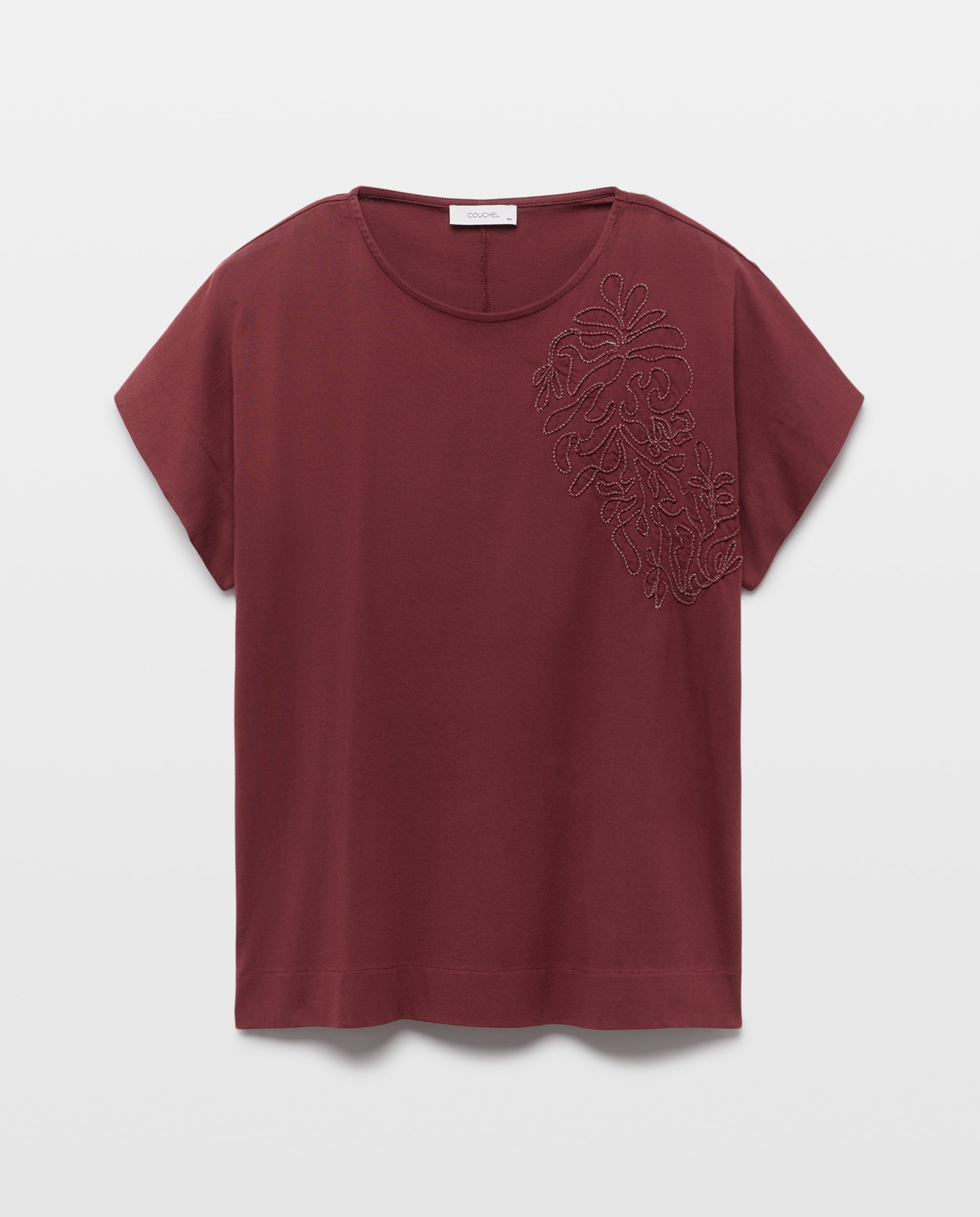 Camiseta de mujer de manga corta con flor en el hombro - Couchel - 290 Burdeos 290 Burdeos-4