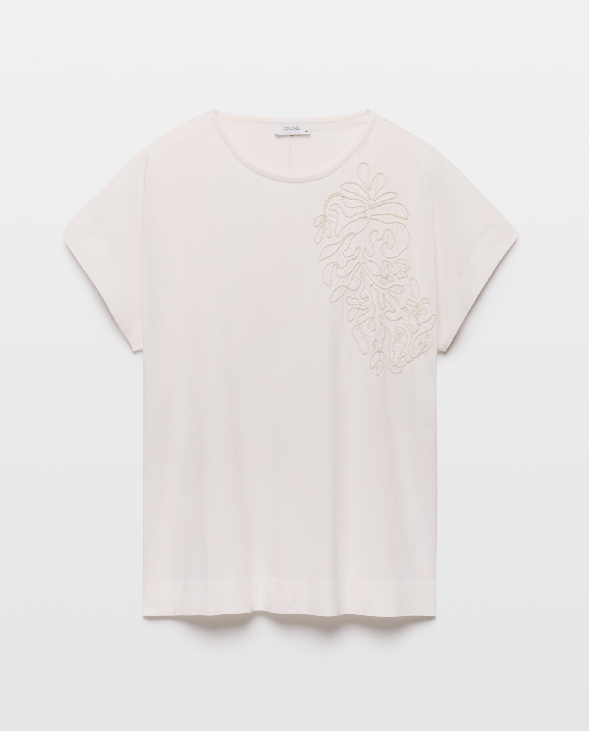 T-shirt de Manga Curta com Flor no Ombro Branco-marfim-5