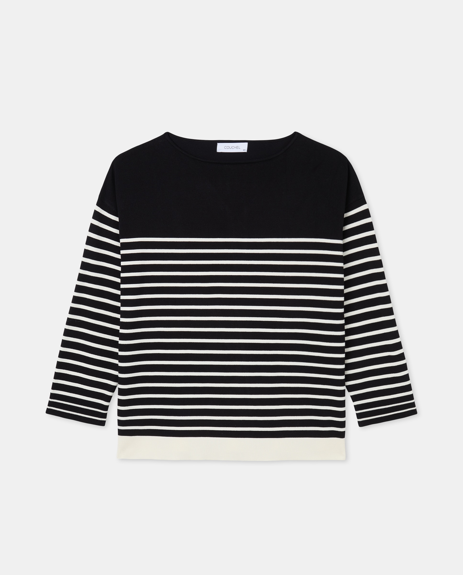 Camisola de Malha às Riscas com Decote à Barco Preto-4