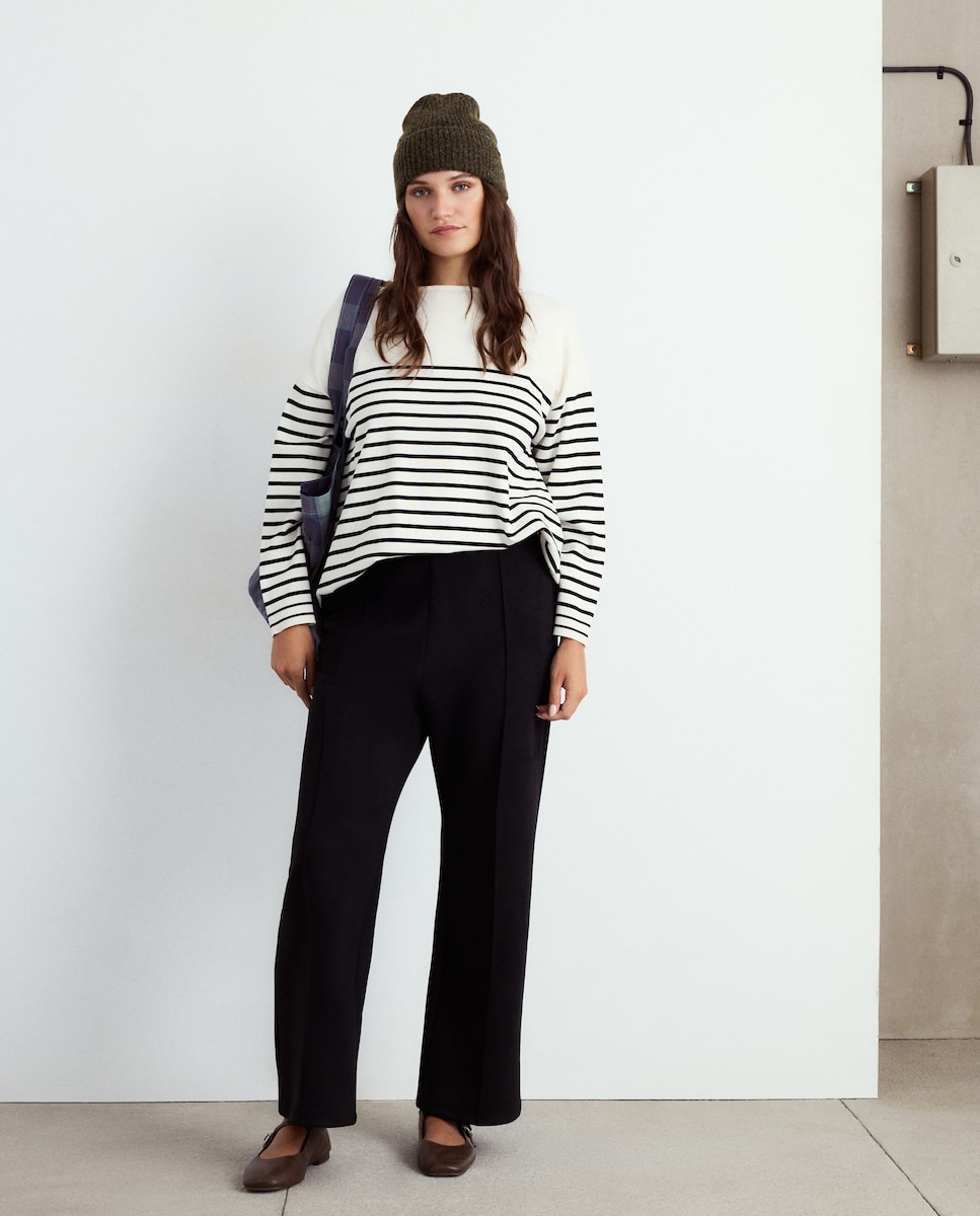 Camisola de Malha às Riscas com Decote à Barco Branco-1