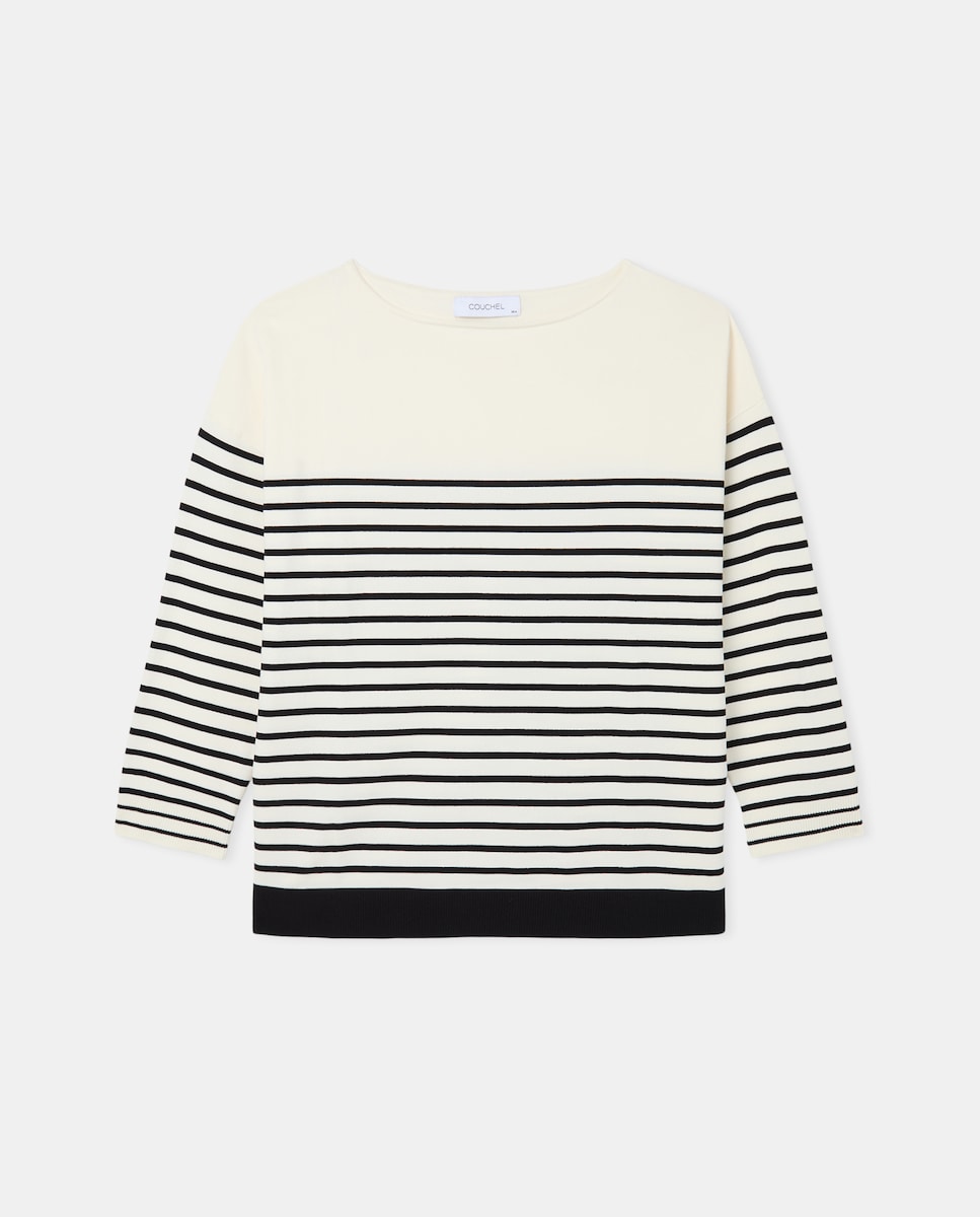 Camisola de Malha às Riscas com Decote à Barco Branco-4