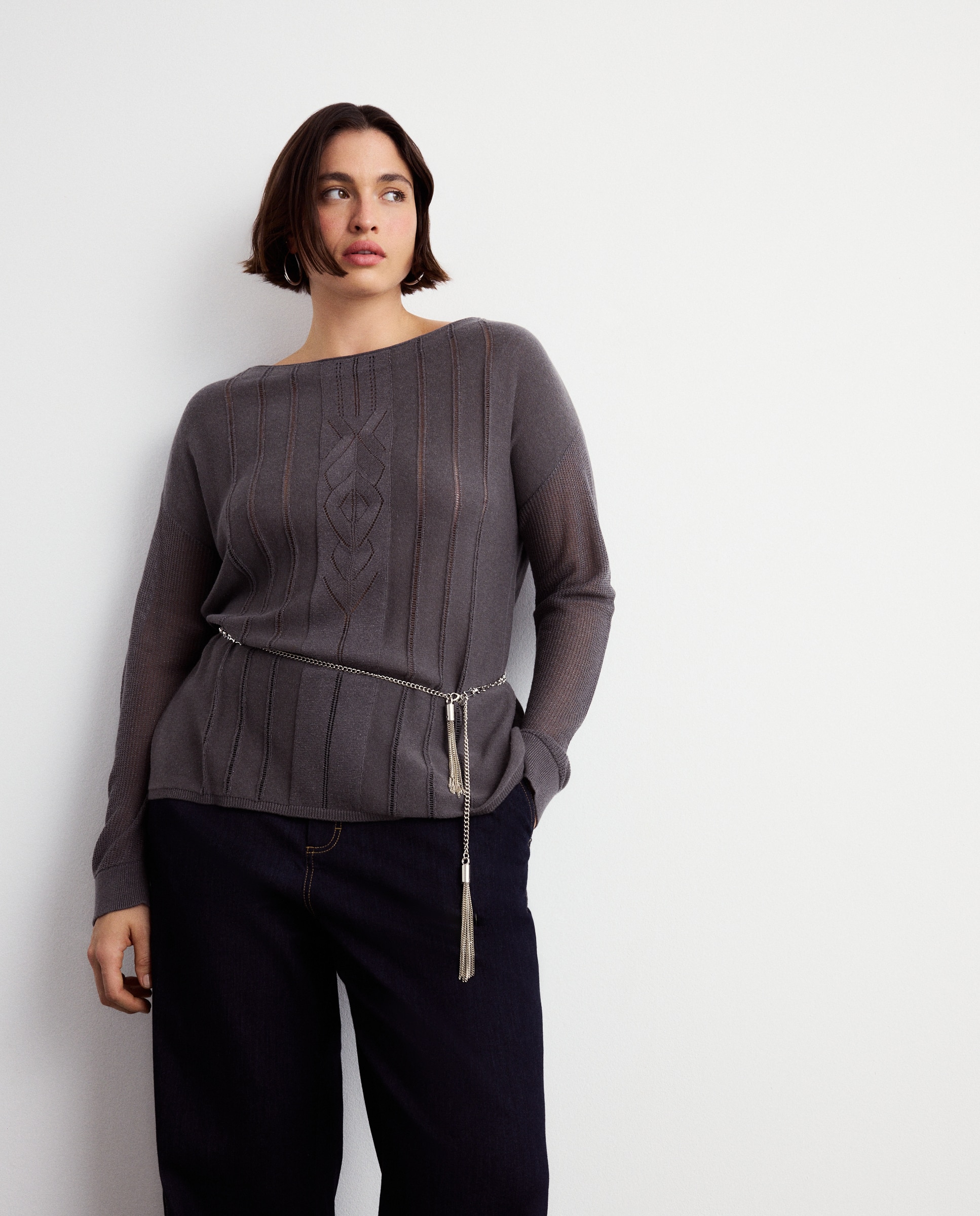 Camisola de Malha de Fio Metalizado com Detalhes Rendilhados Cinzento-claro-2