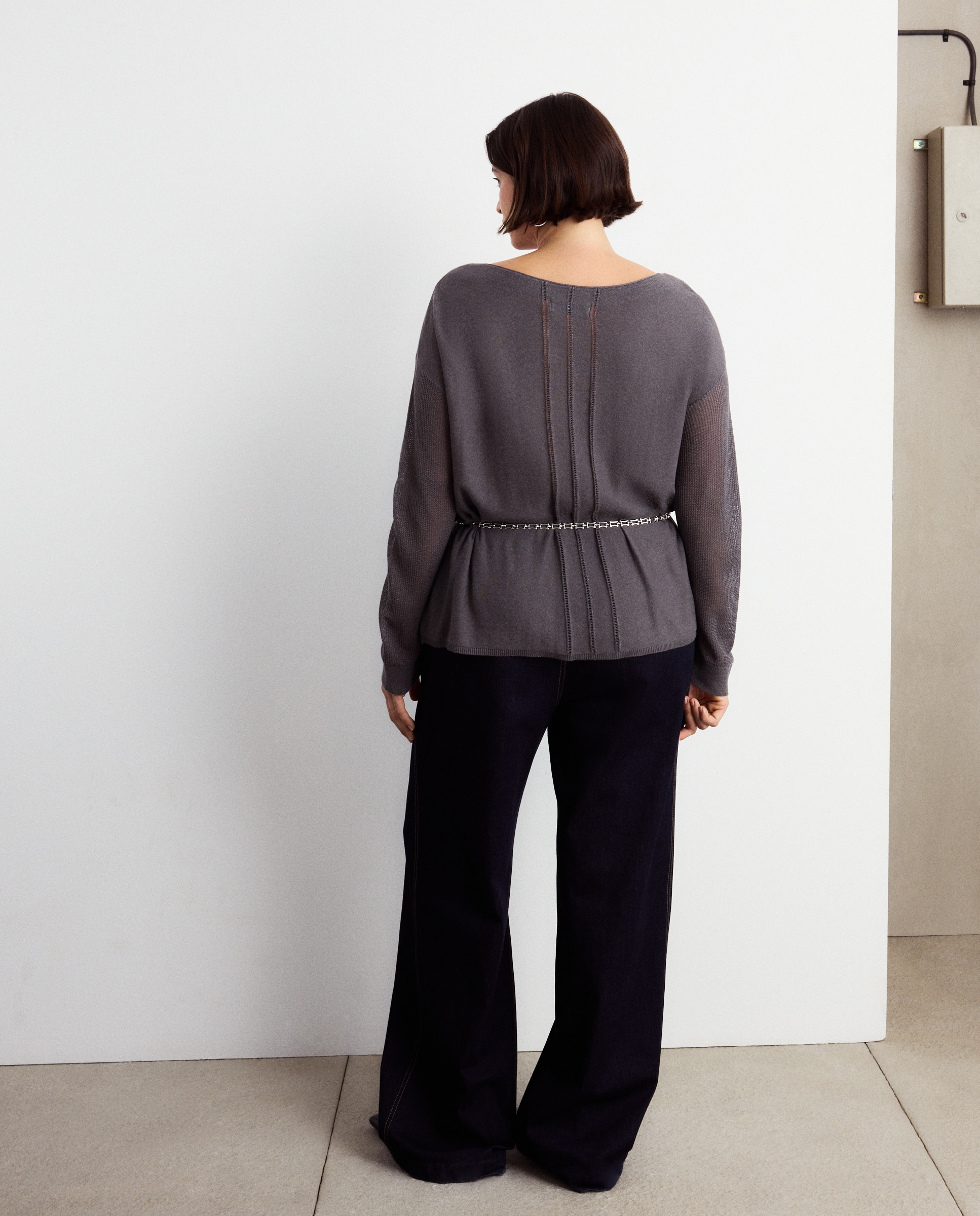 Camisola de Malha de Fio Metalizado com Detalhes Rendilhados Cinzento-claro-3