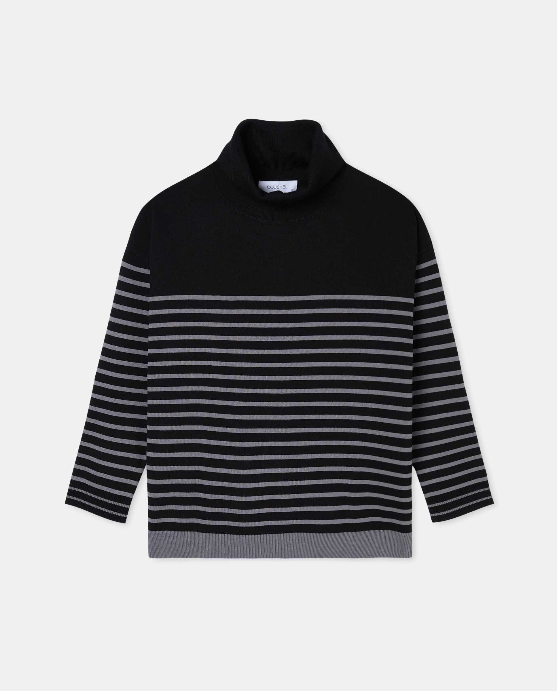 Camisola de Malha de Gola Alta às Riscas Preto-4