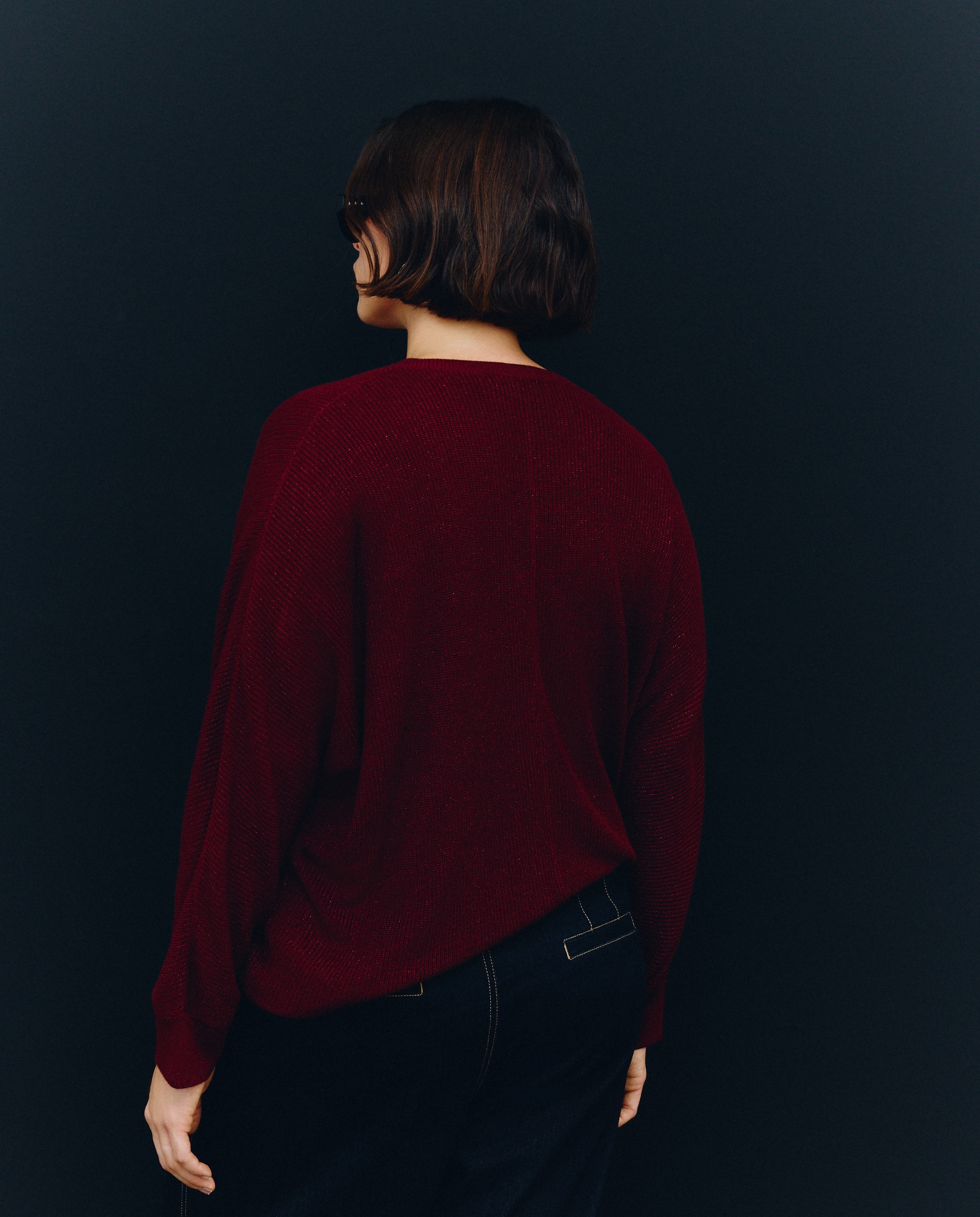 Camisola de Malha Lisa com Decote em Bico Bordeaux-3