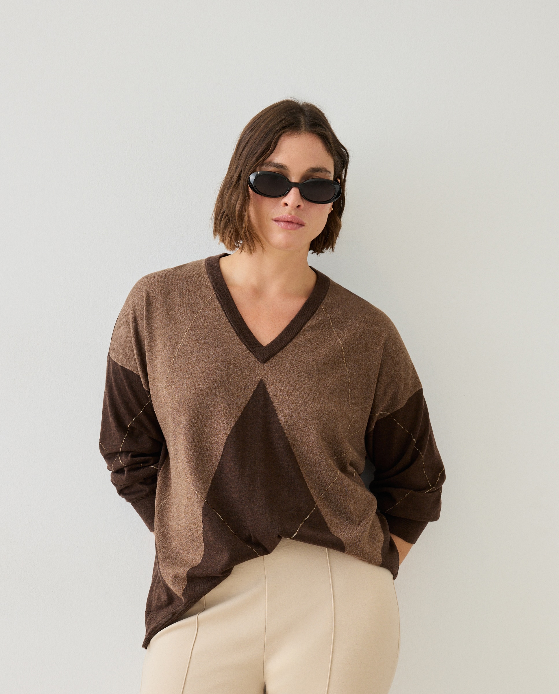 Jersey de mujer con cuello pico - Couchel - Marrón Marrón-1