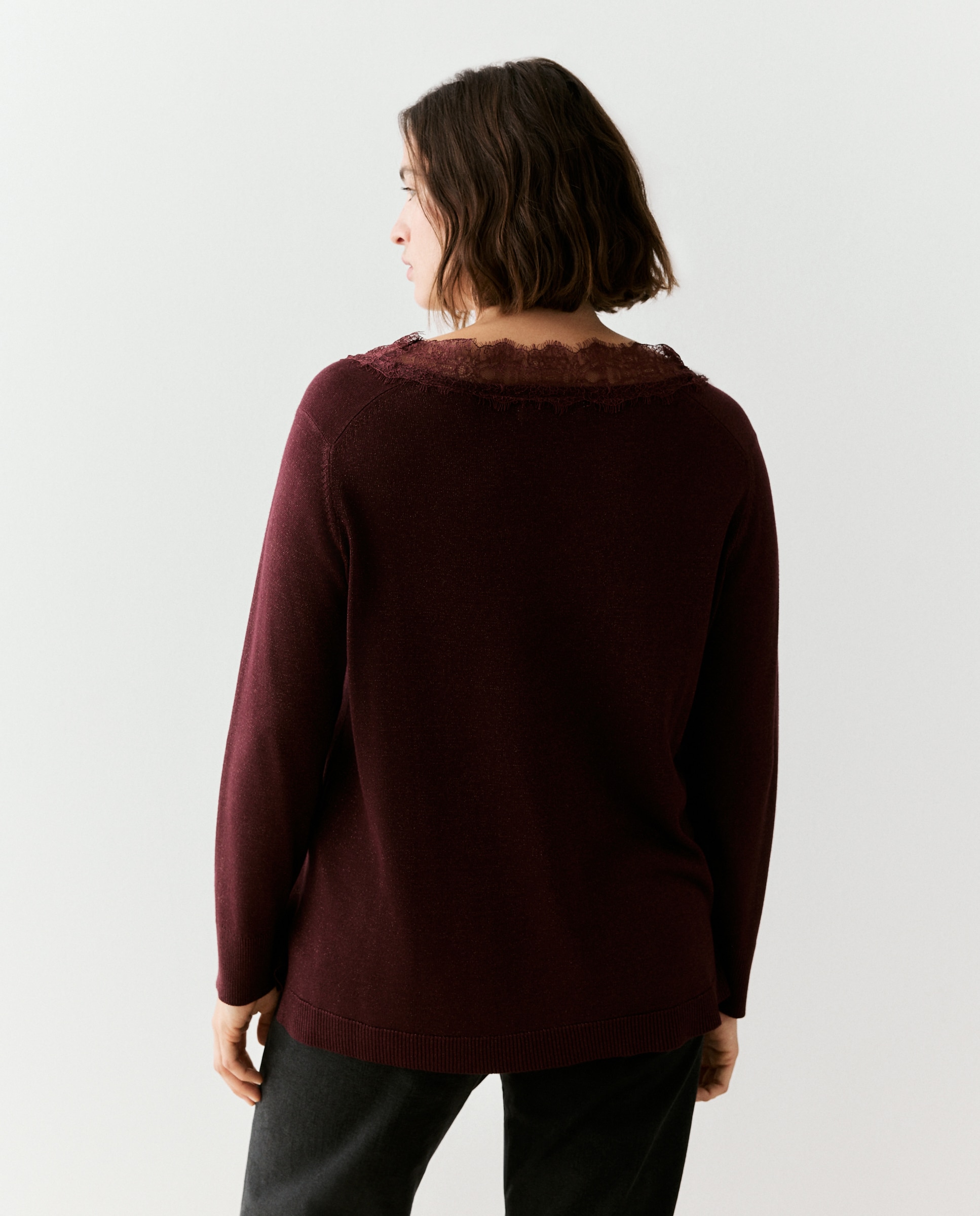 Camisola de Malha com Fio Metalizado e Renda Bordeaux-3