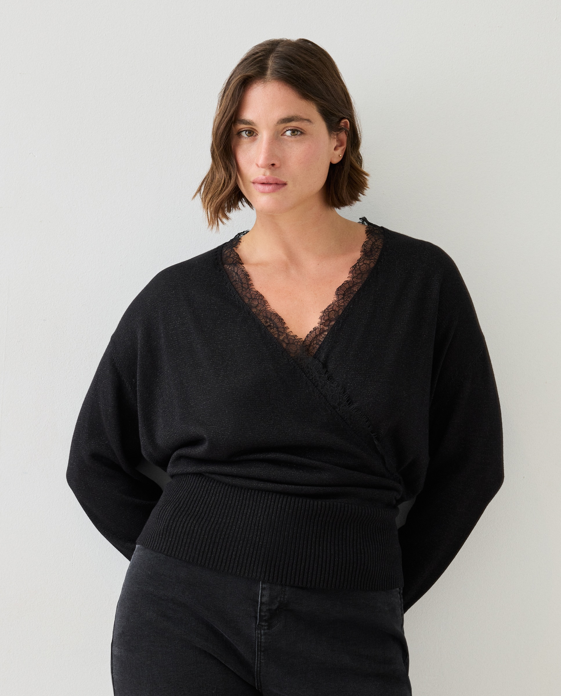 Jersey de mujer con lúrex y encaje - Couchel - Negro Negro-1