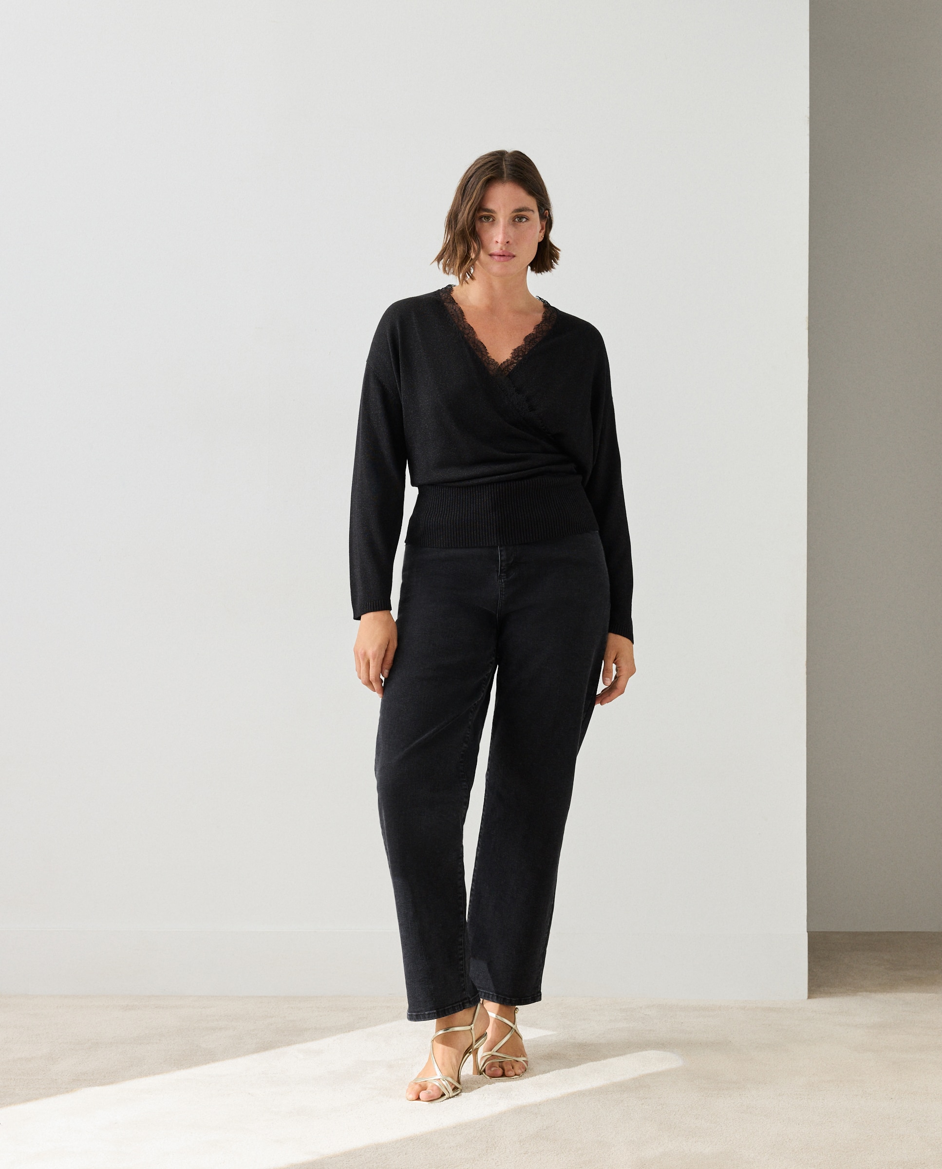 Jersey de mujer con lúrex y encaje - Couchel - Negro Negro-2