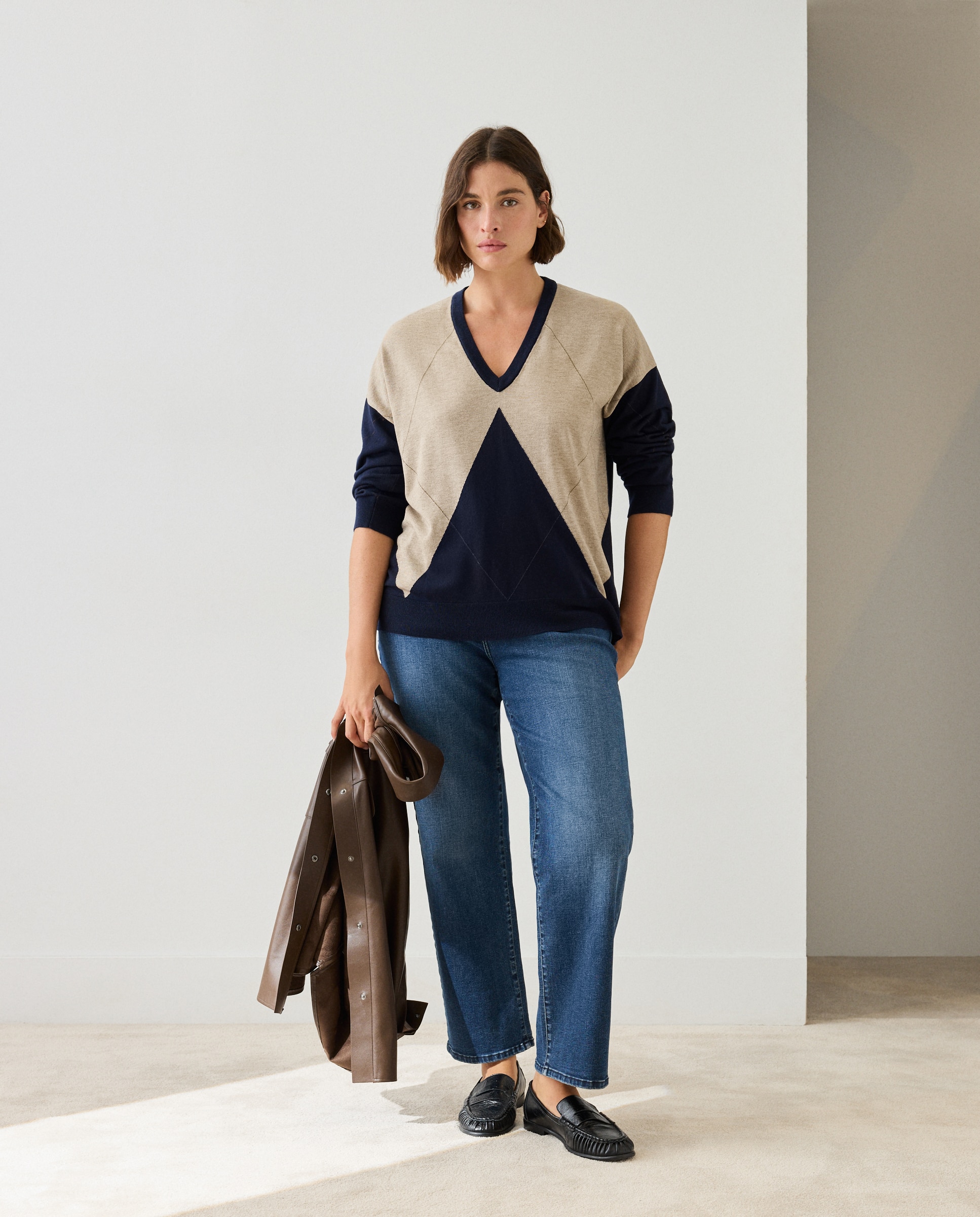 Camisola de malha de mulher com decote em bico Azul-2