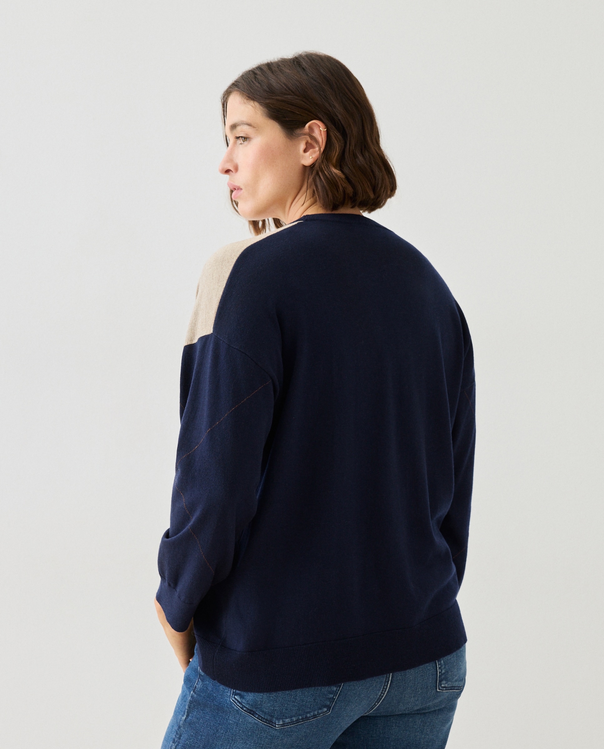 Camisola de malha de mulher com decote em bico Azul-3