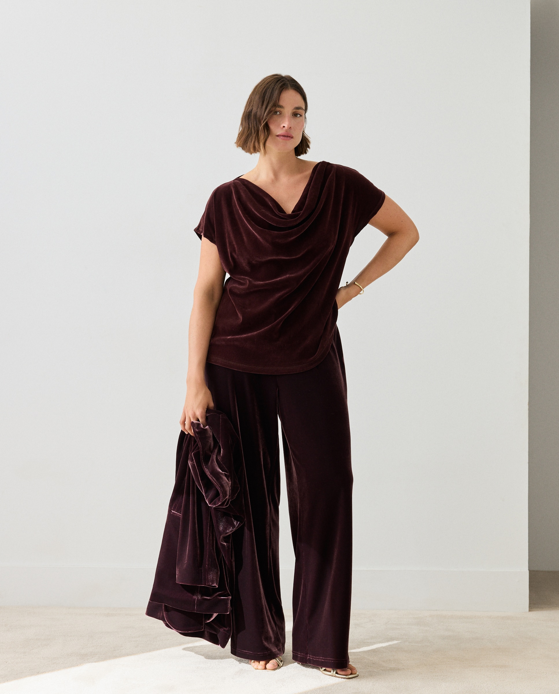 Pantalón de traje terciopelo de mujer - Couchel - Burdeos Burdeos-1