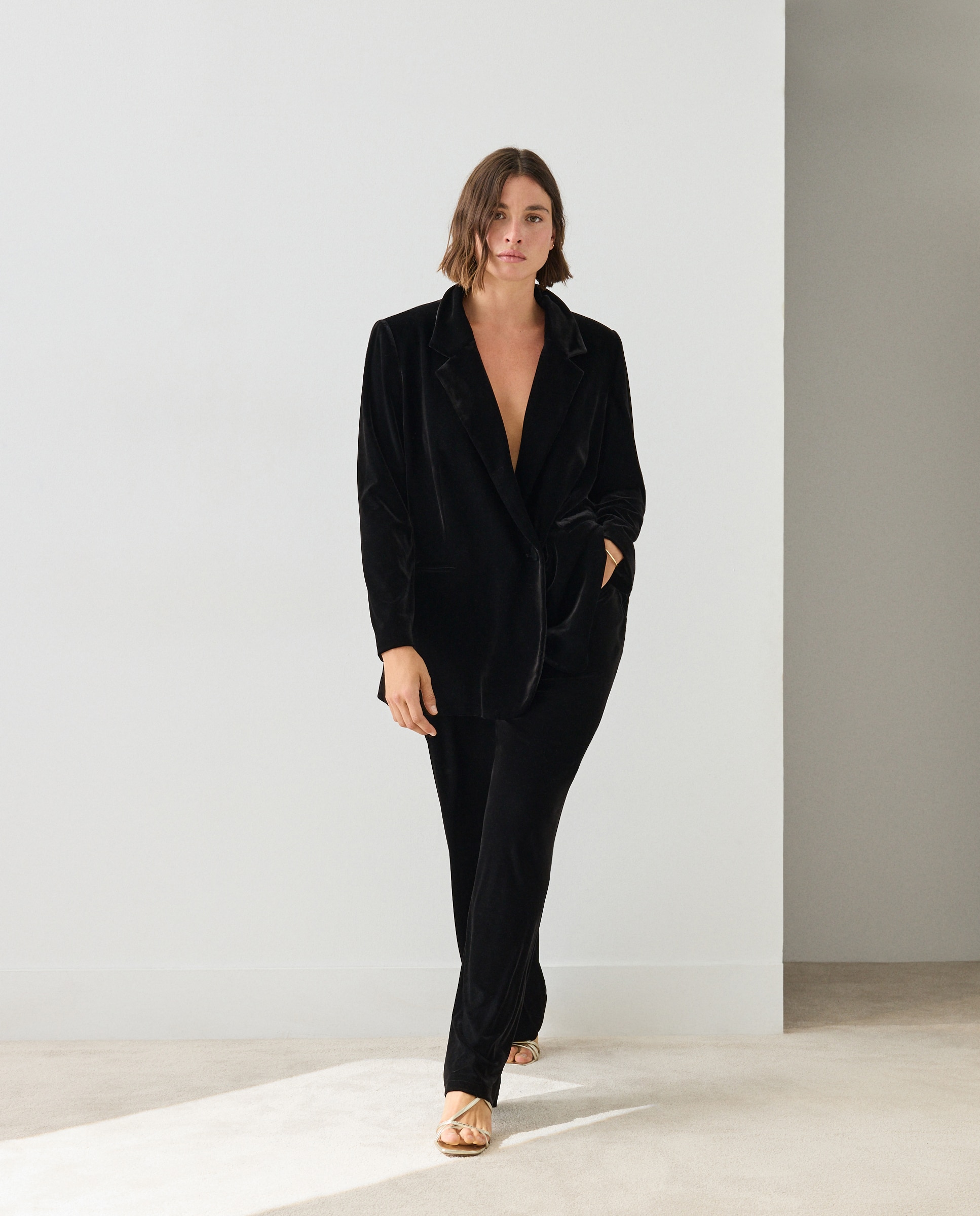Pantalón de traje terciopelo de mujer - Couchel - Negro Negro-1