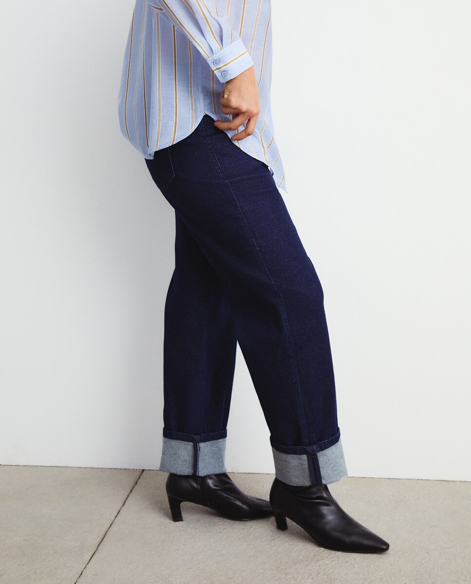 Jeans de Algodão Lisas Azul Suave-3