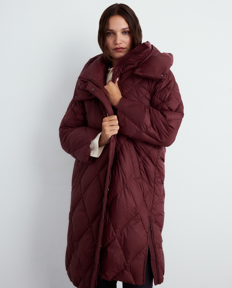 Blusão Acolchoado Liso Comprido Bordeaux-3