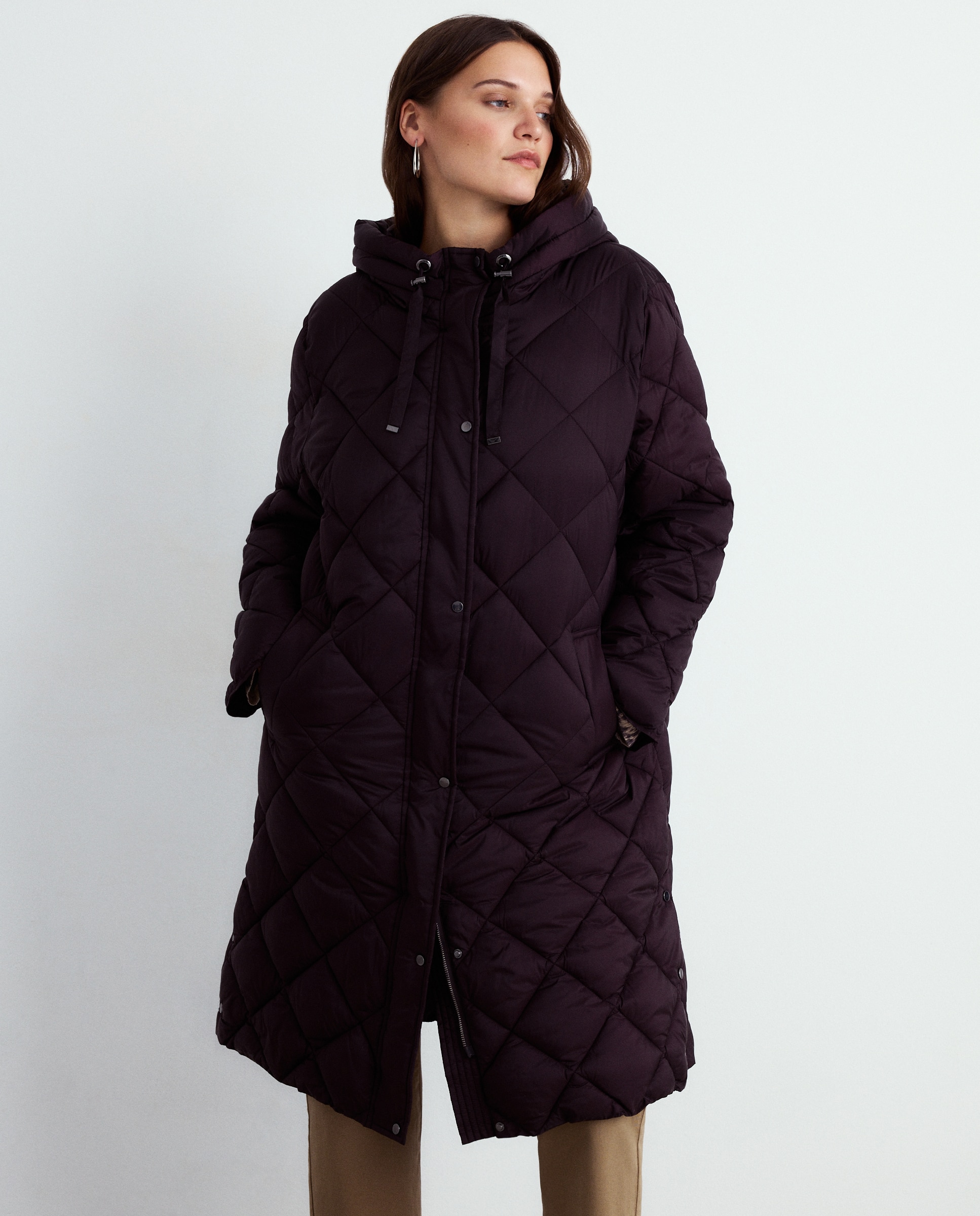 Blusão Acolchoado Comprido Liso Castanho-2