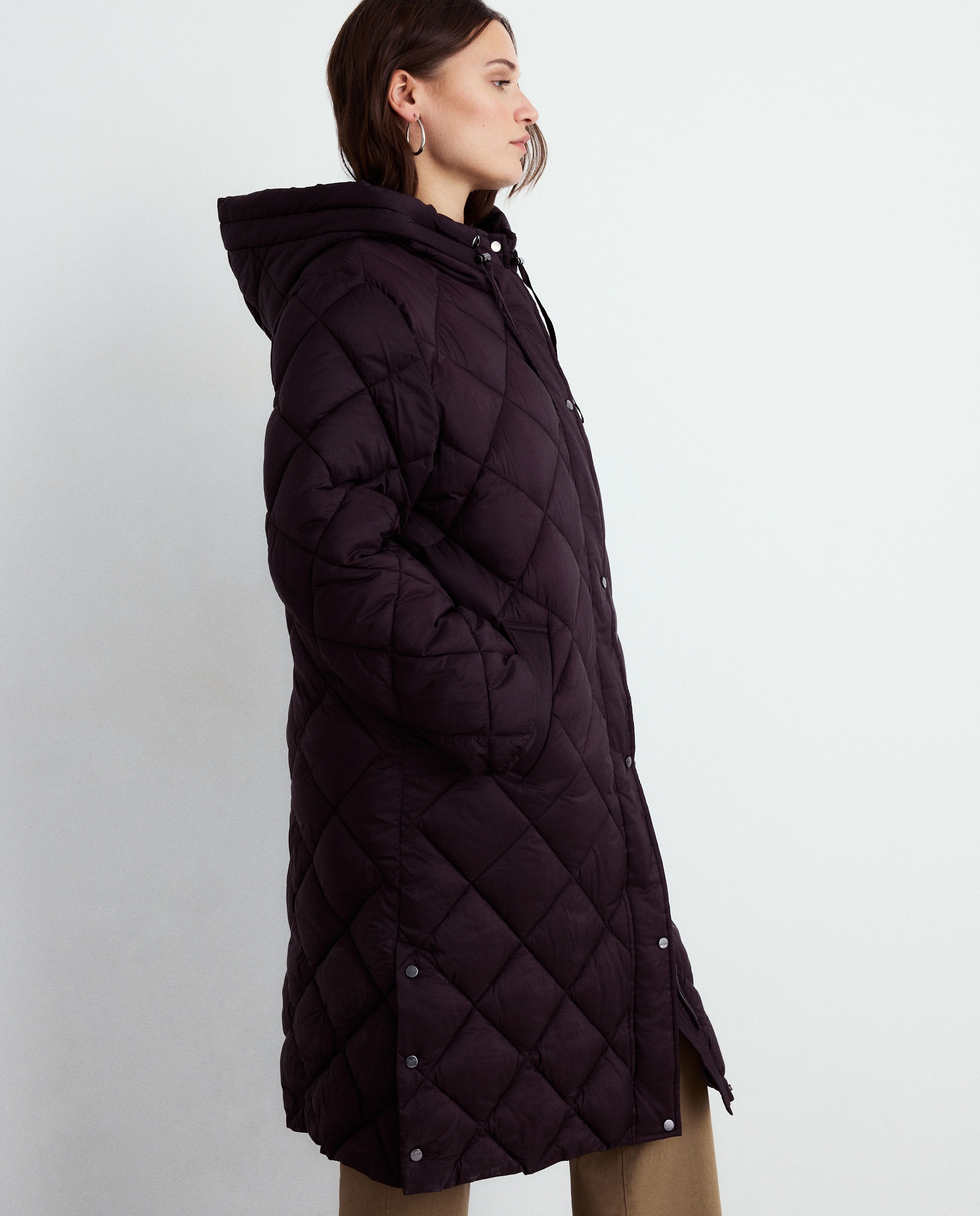 Blusão Acolchoado Comprido Liso Castanho-3