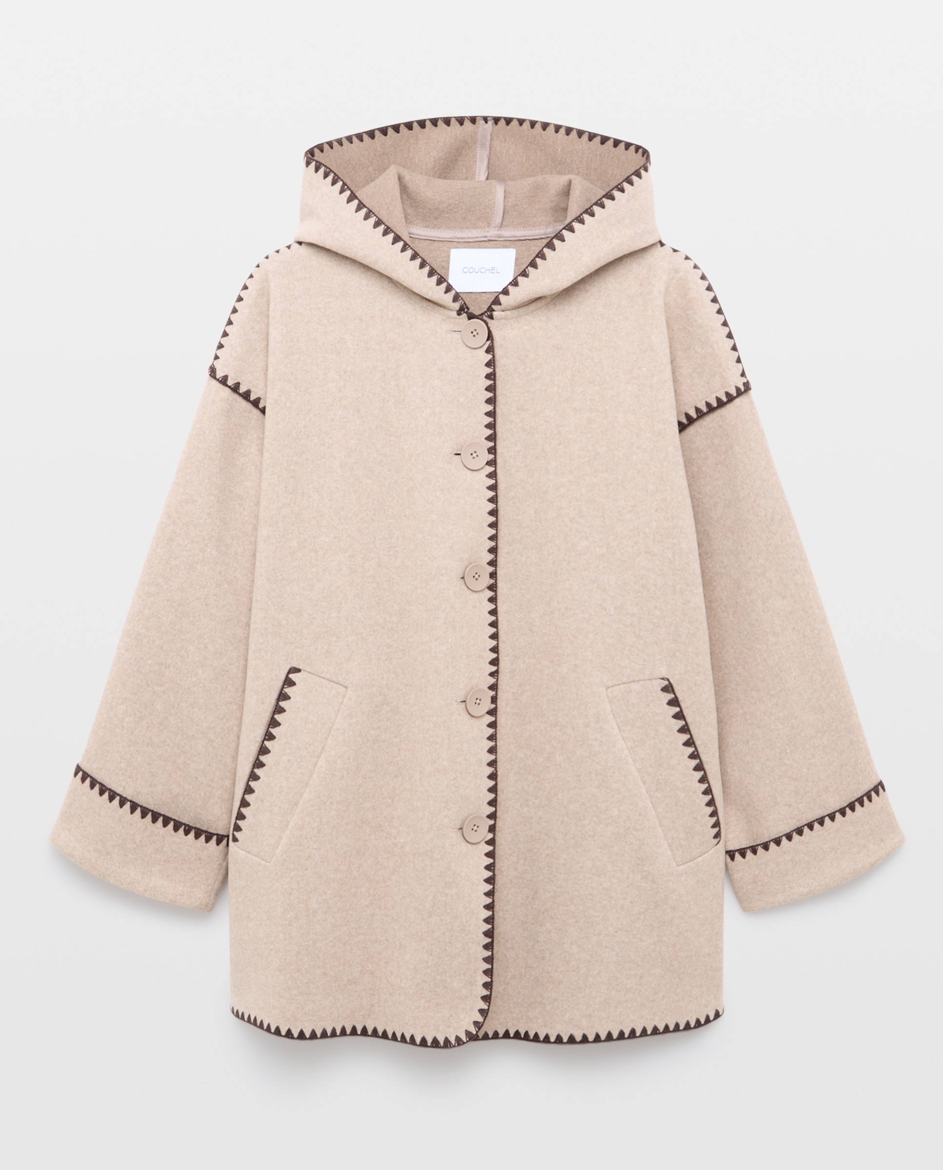 Chaquetón de mujer con capucha y pespuntes - Couchel - Visón claro Visón claro-4