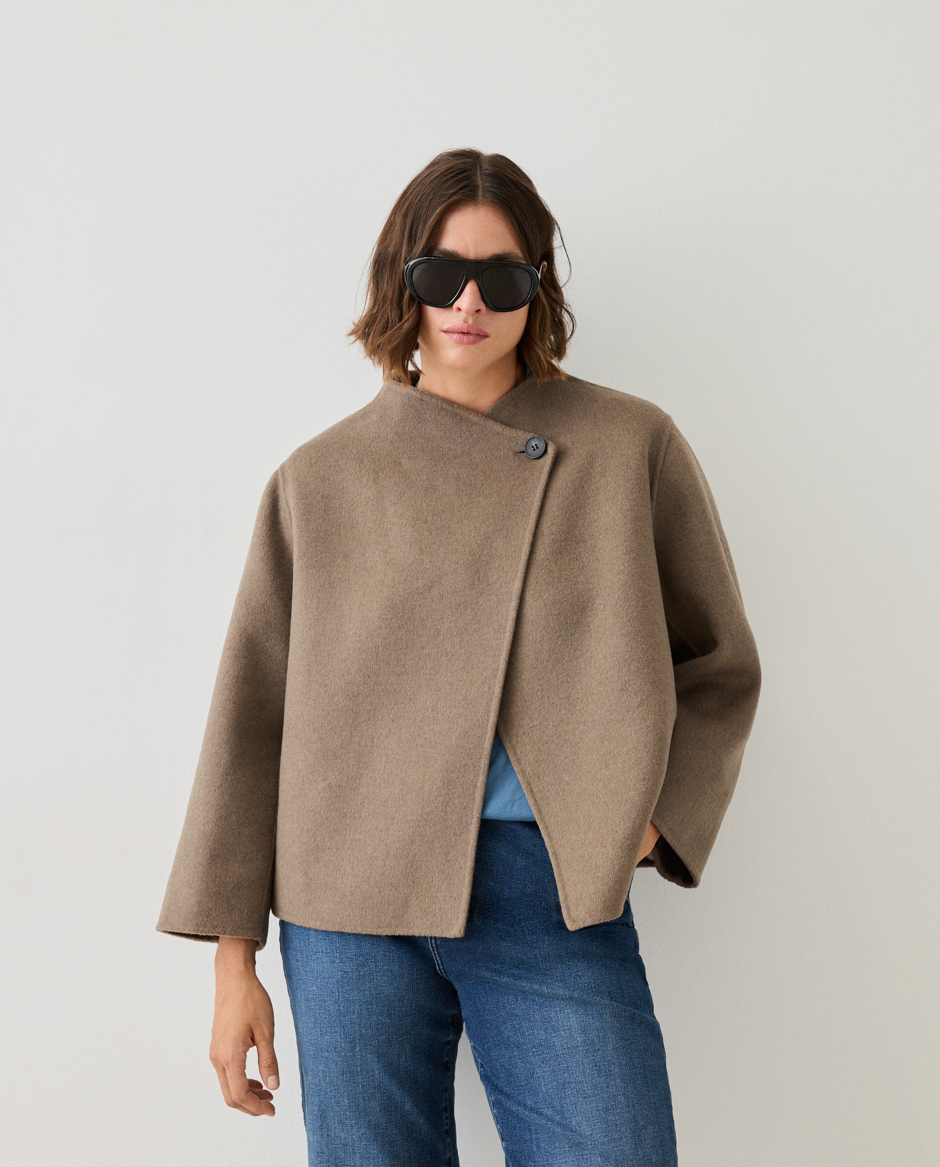 Chaqueta mezcla lana de mujer con botón - Couchel - Visón oscuro Visón oscuro-2