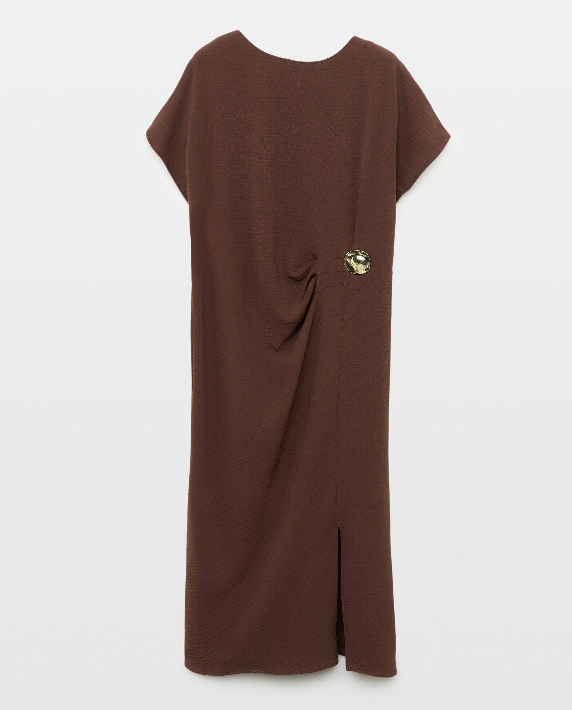 Vestido Camiseiro Midi com Manga Curta Castanho-5