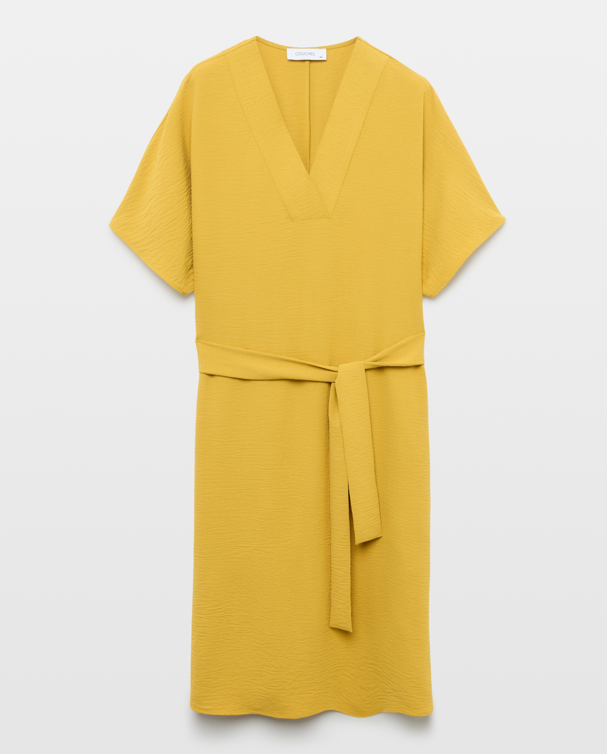 Vestido Midi Drapeado sem Mangas Mostarda-4