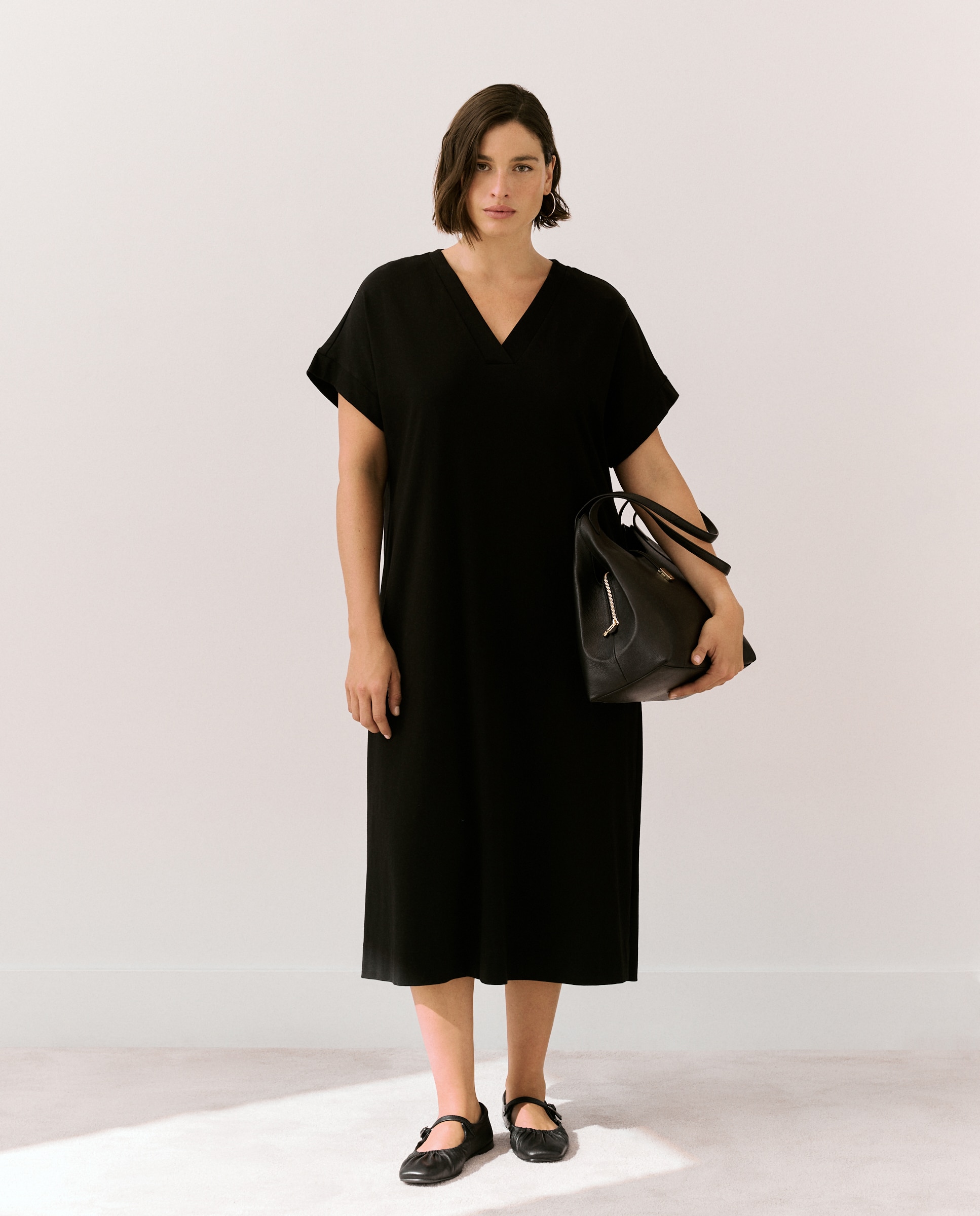 Vestido midi de manga corta de mujer - Couchel - Negro Negro-1