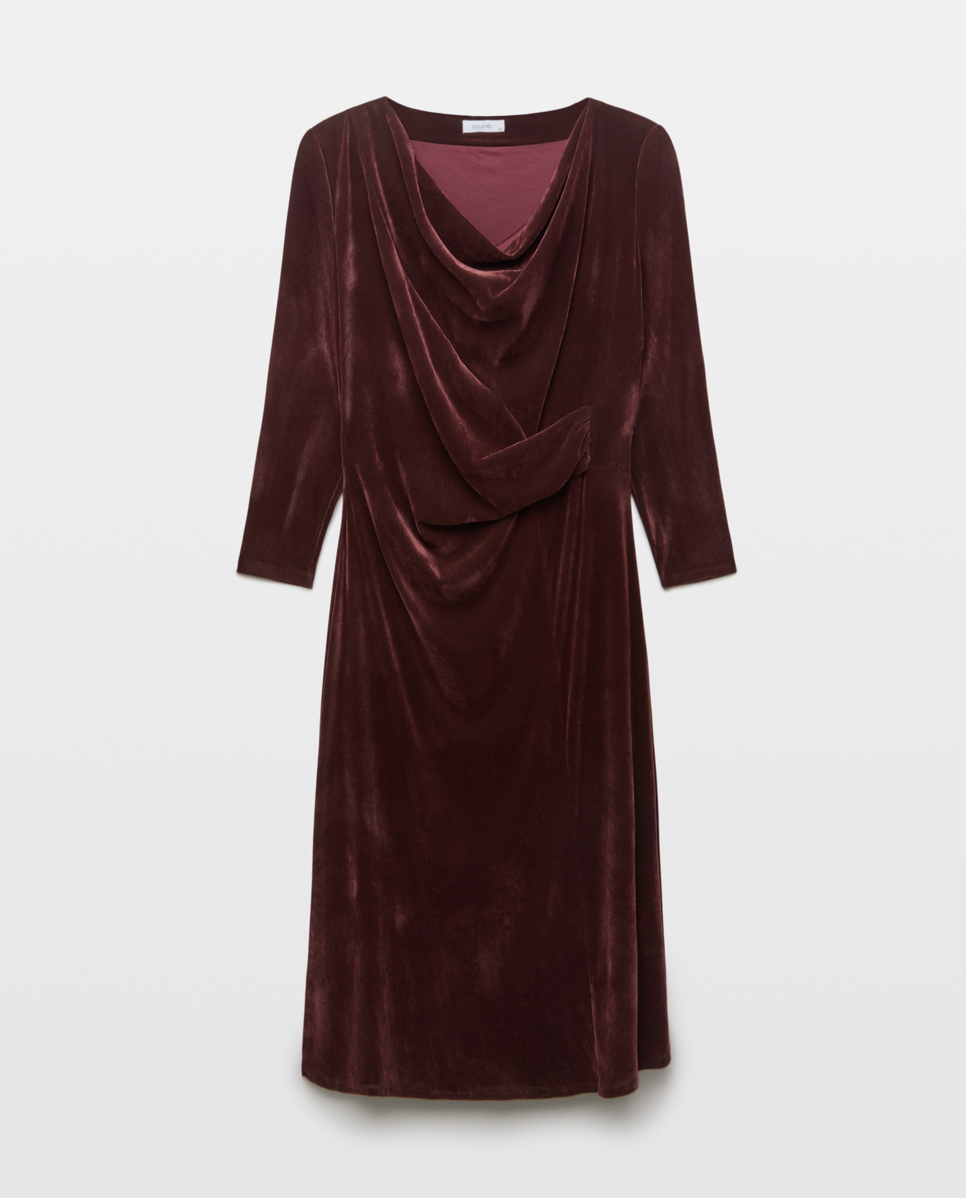 Vestido midi de terciopelo con cuello drapeado - Couchel - Burdeos Burdeos-4