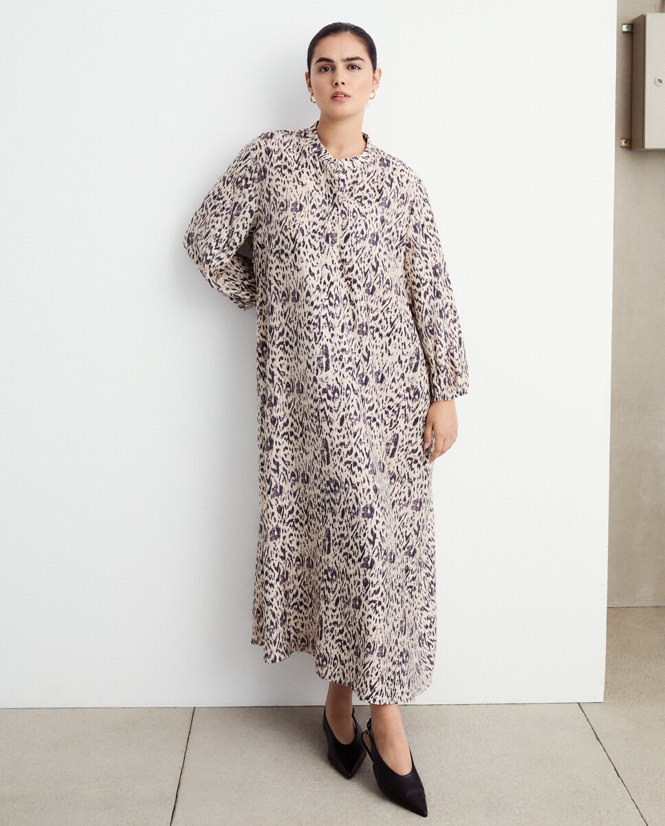 Vestido Estampado Midi com Manga Comprida Branco-1