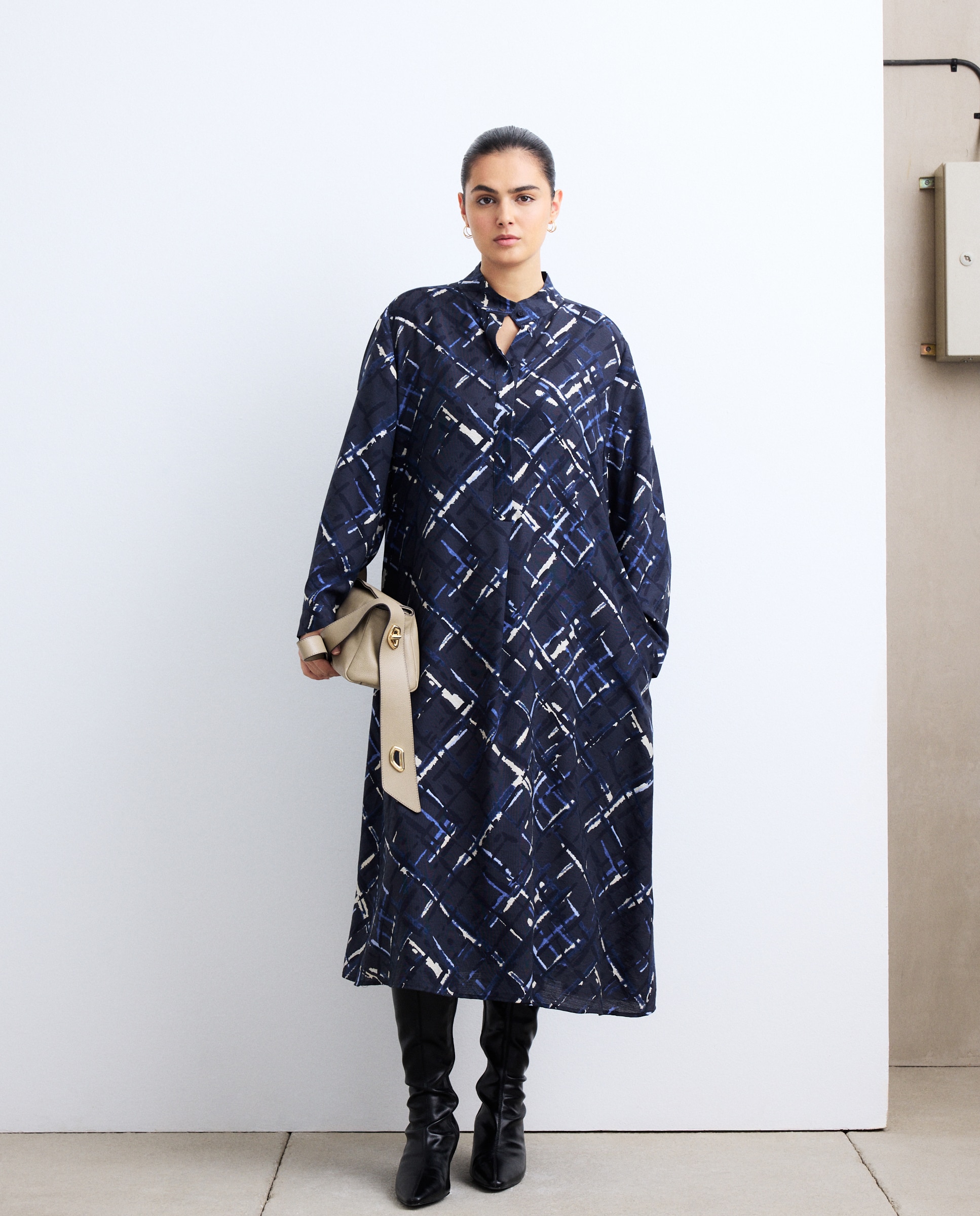 Vestido Midi com Estampado aos Quadrados Azul-1