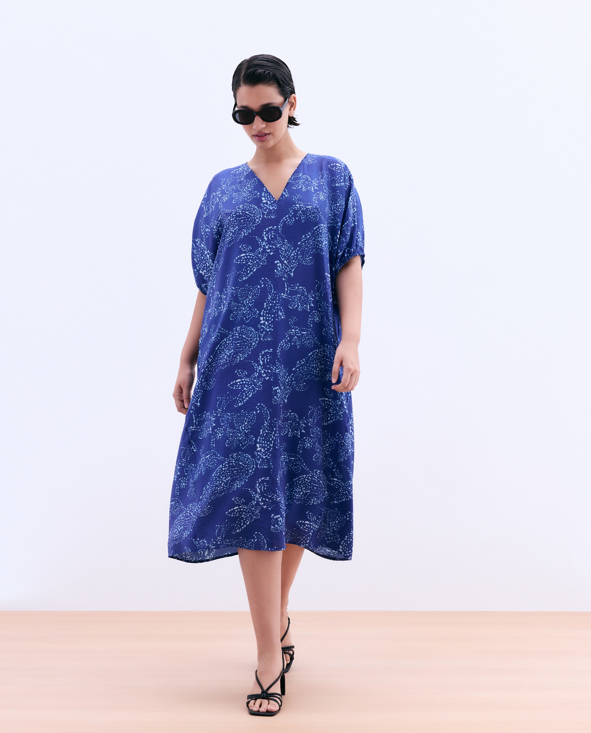 Vestido de Manga Curta com Estampado de Caxemira Azul-2