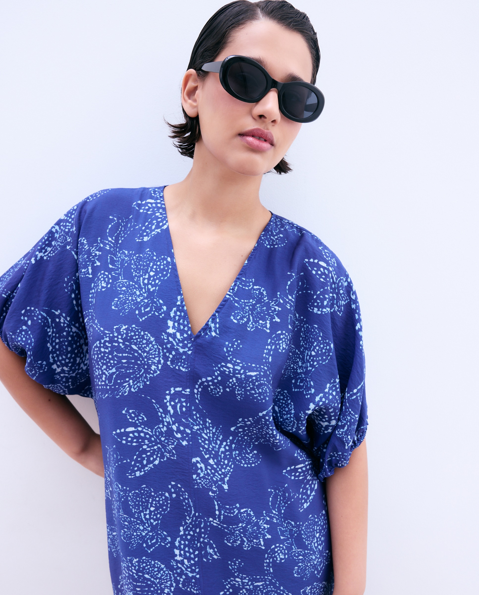 Vestido de Manga Curta com Estampado de Caxemira Azul-4