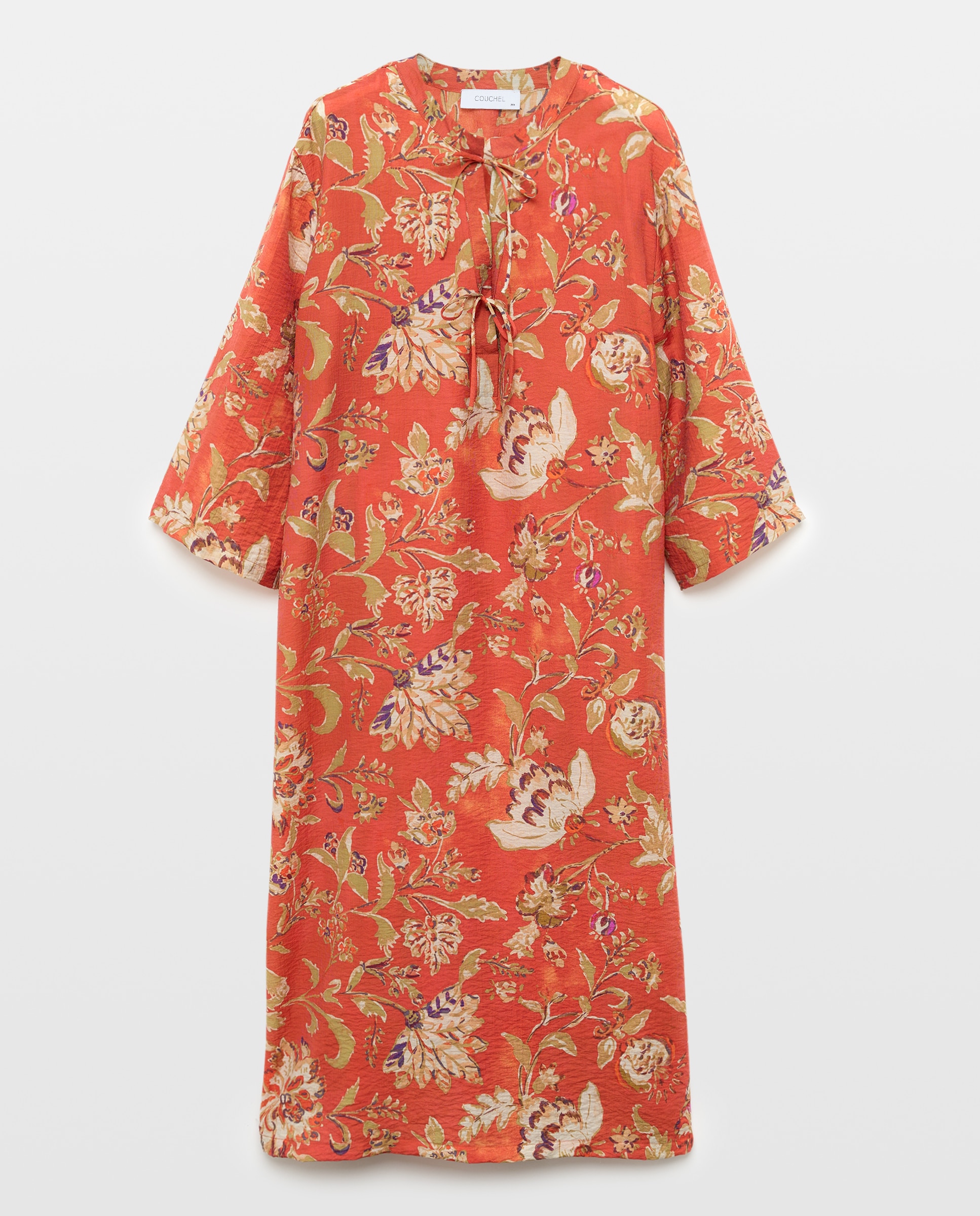 Vestido de manga corta con cuello pico y estampado de flores Rojo Couchel Rojo-4