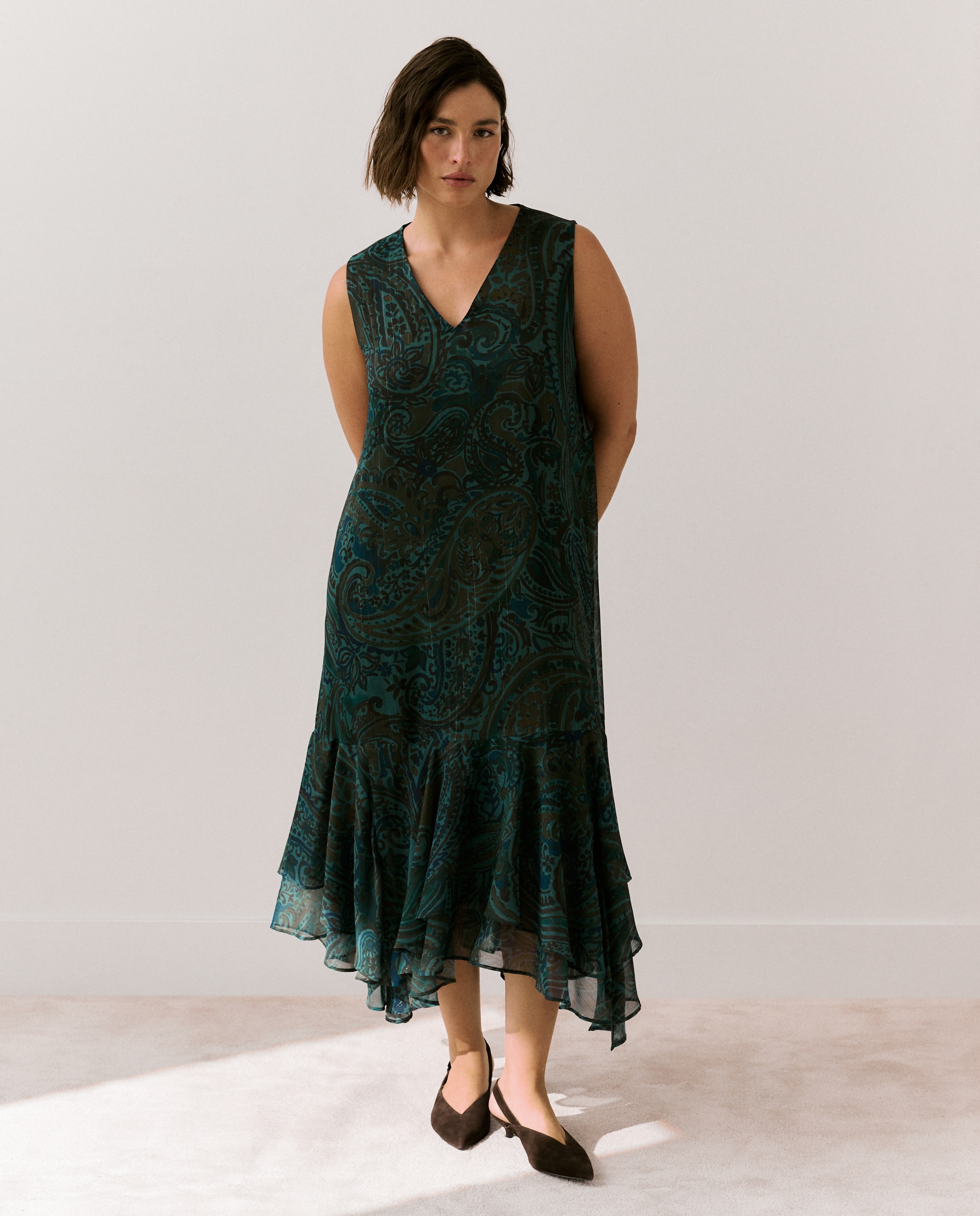 Vestido comprido com folhos Azul-2