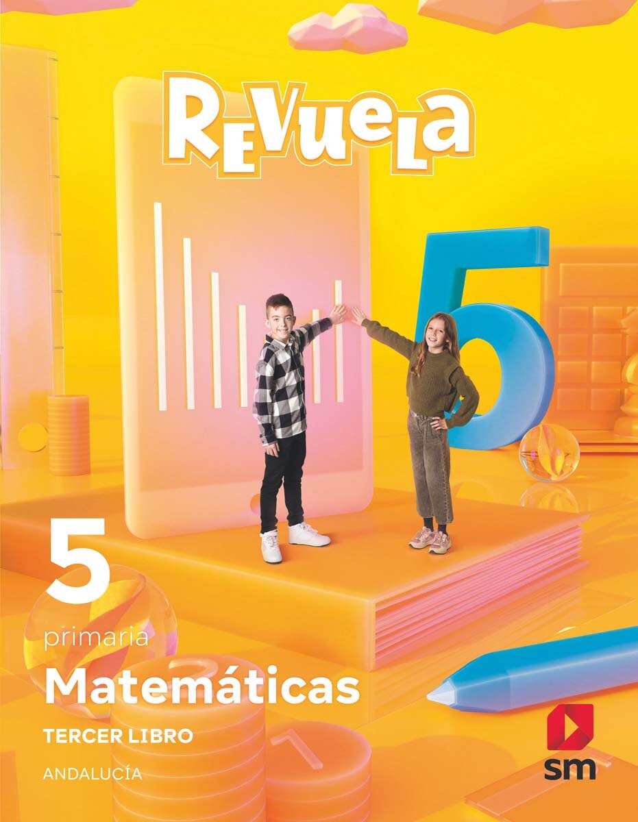 Portada de Matemáticas. Trimestres temáticos. 5 Primaria. Revuela. Andalucía (Tapa blanda).
