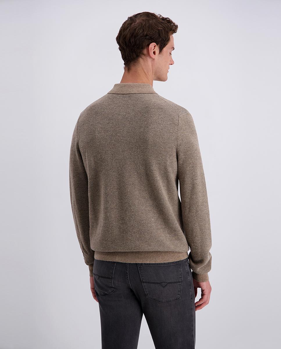 Polo Modern Fit de Malha Jacquard com Manga Comprida Bege-2