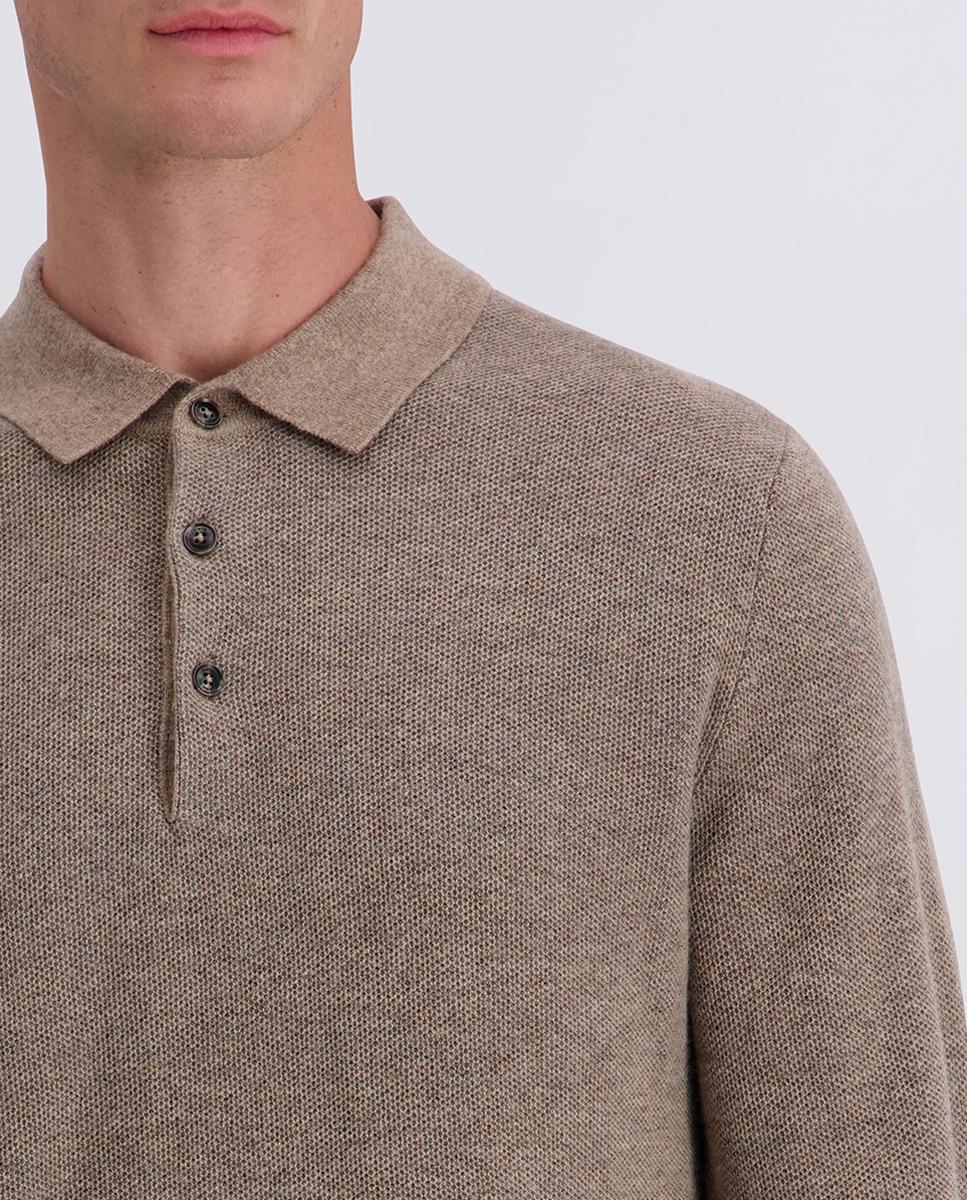 Polo Modern Fit de Malha Jacquard com Manga Comprida Bege-3