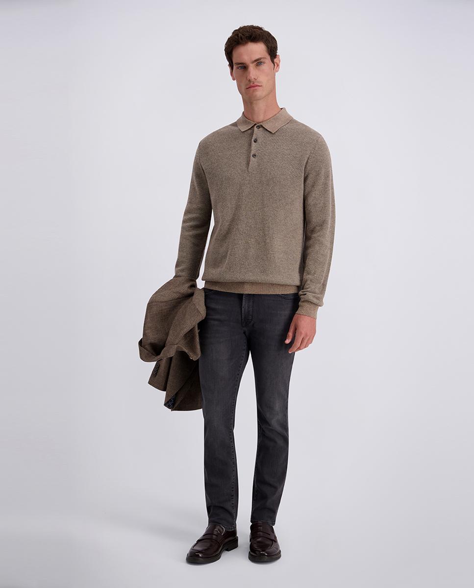 Polo Modern Fit de Malha Jacquard com Manga Comprida Bege-6