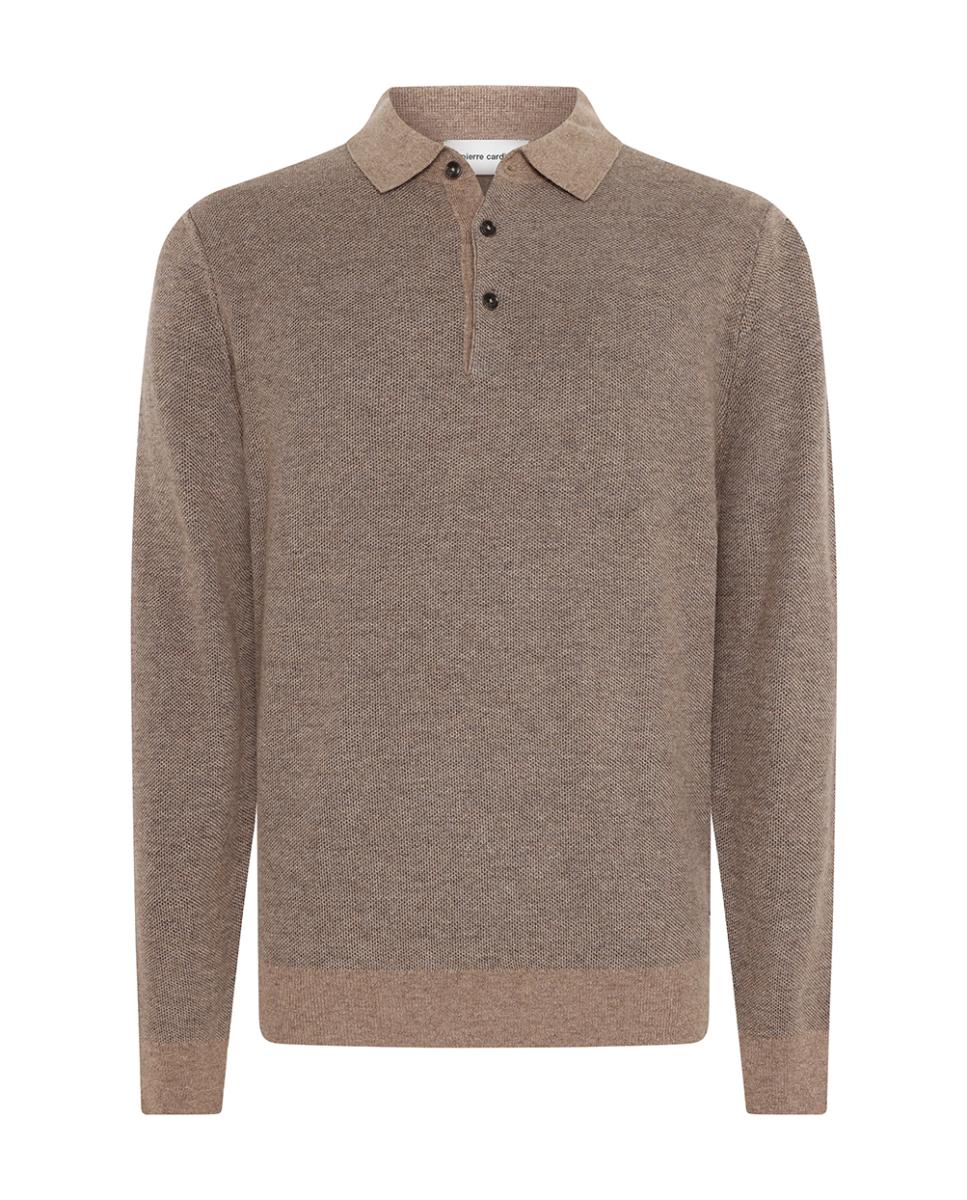 Polo Modern Fit de Malha Jacquard com Manga Comprida Bege-5