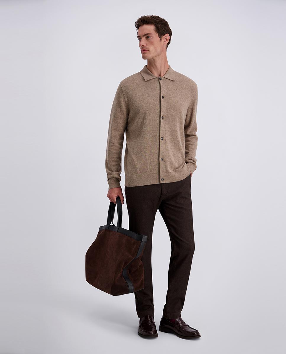 Cardigan Modern Fit de Lã com Botões e Colarinho de Camisa Bege-5