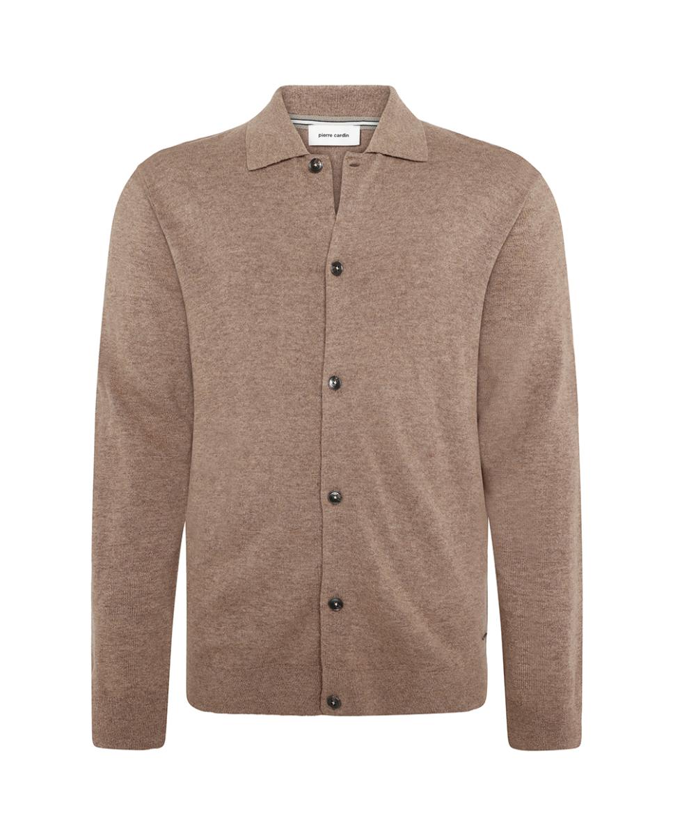 Cardigan Modern Fit de Lã com Botões e Colarinho de Camisa Bege-4