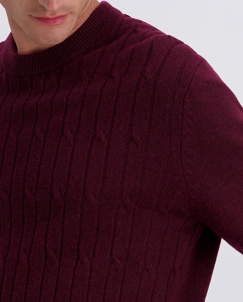 Camisola de Malha do Cabo 30% Lã Modern Fit com Gola Redonda Grená-3