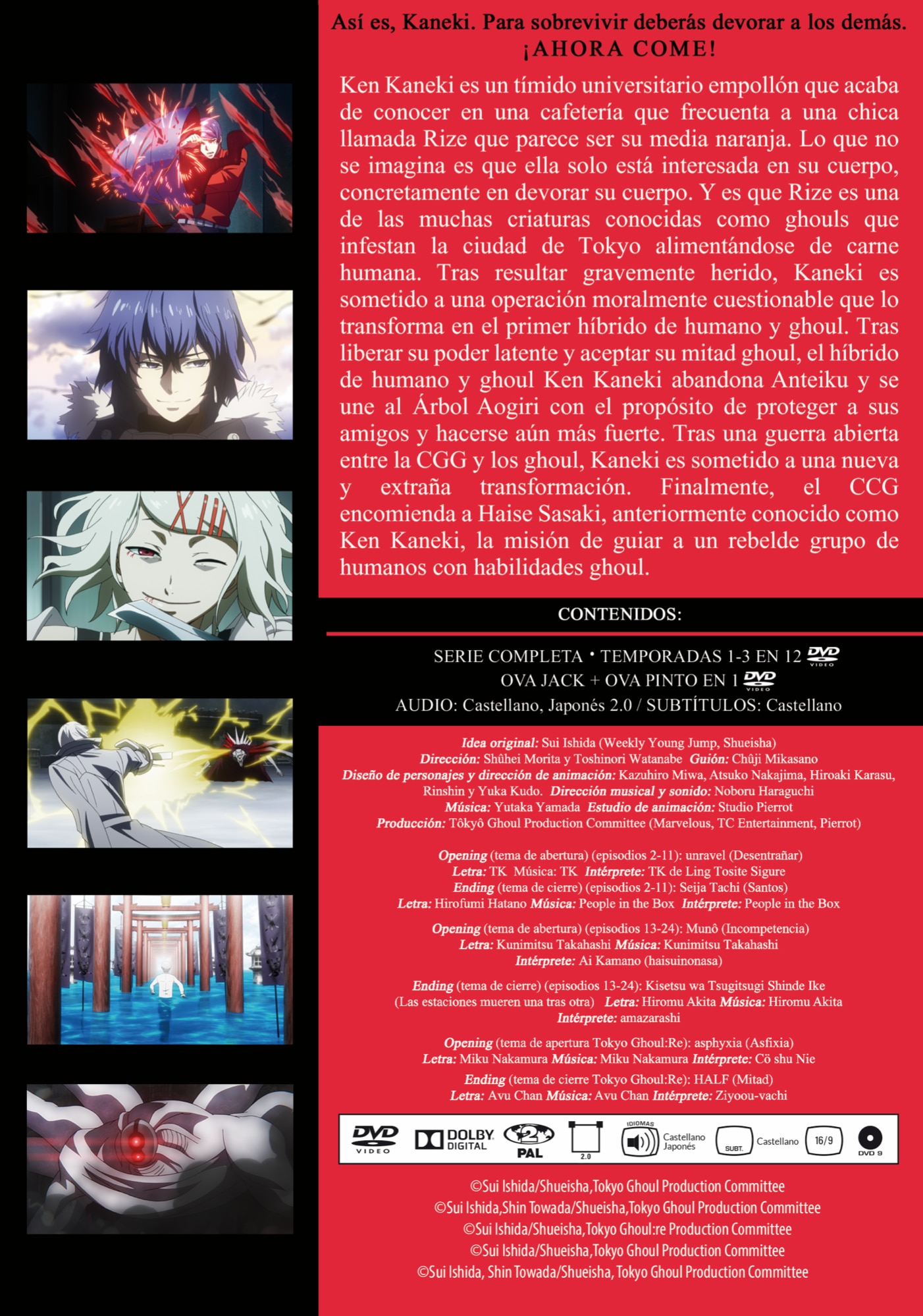 Tokyo ghoul. serie completa + ova jack: 30 min; ova pinto 24 minutos (DVD) 3